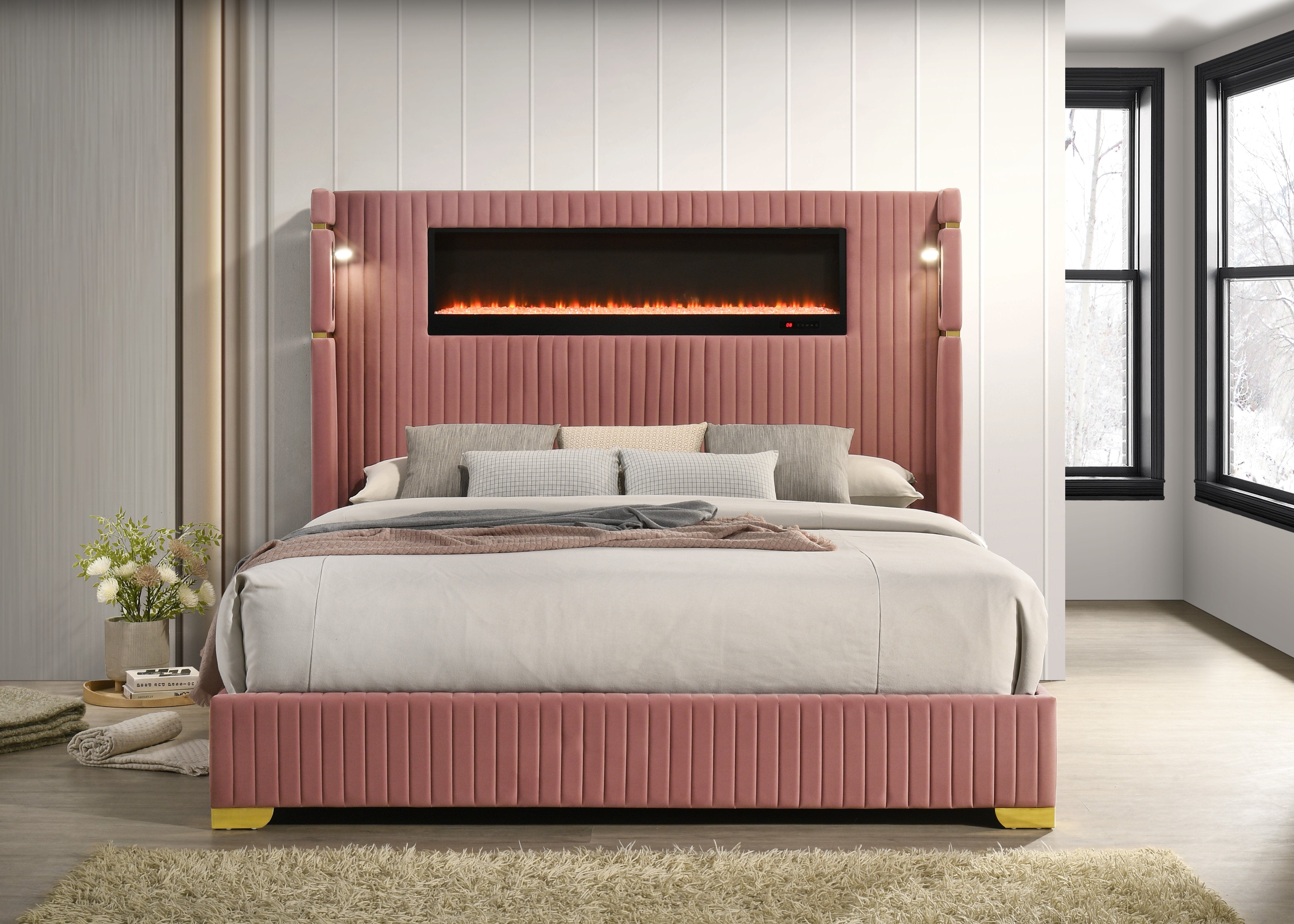 Romance Pink Platform Bed with Fireplace Headboard