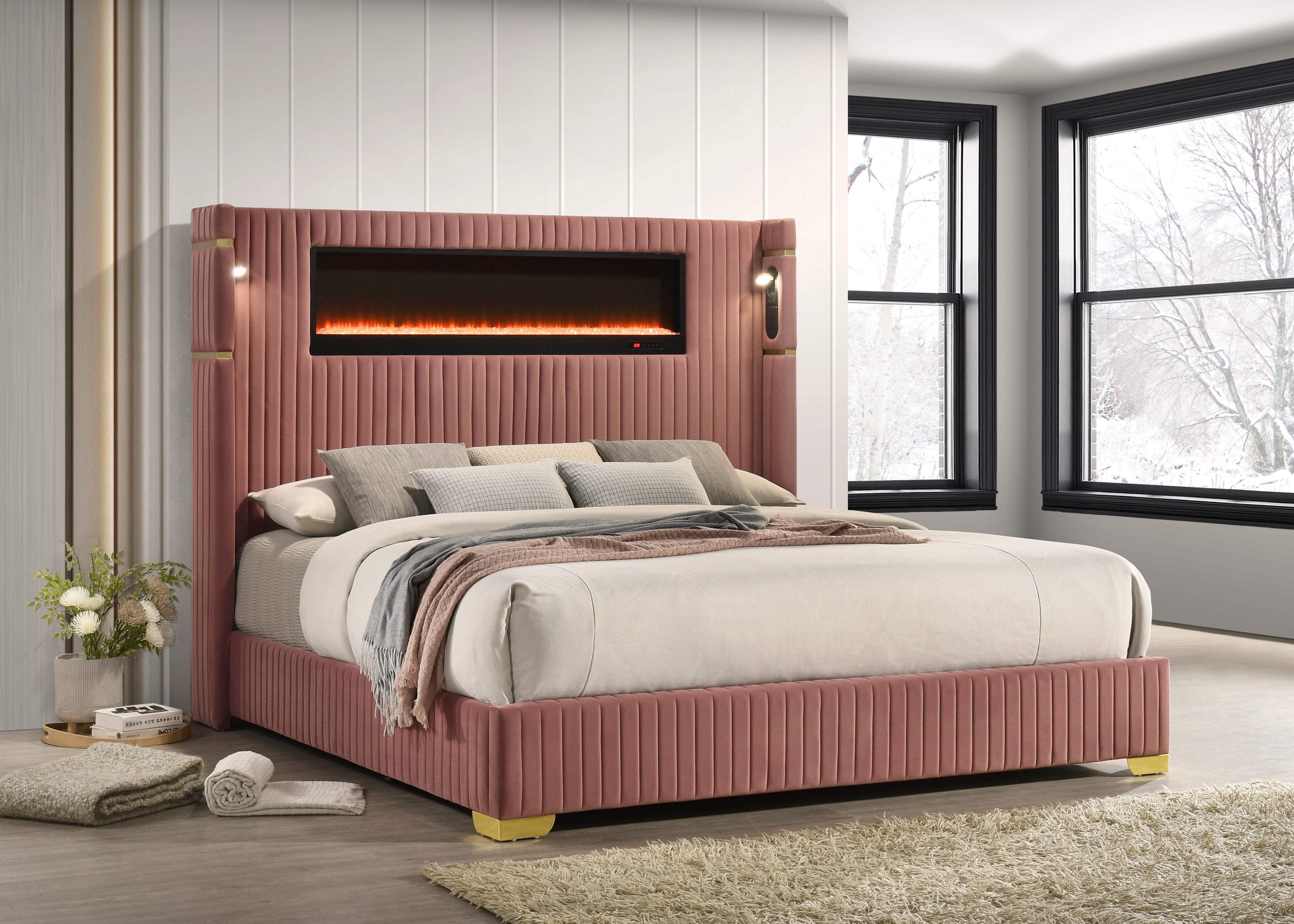 Romance Pink Platform Bed with Fireplace Headboard, view 2