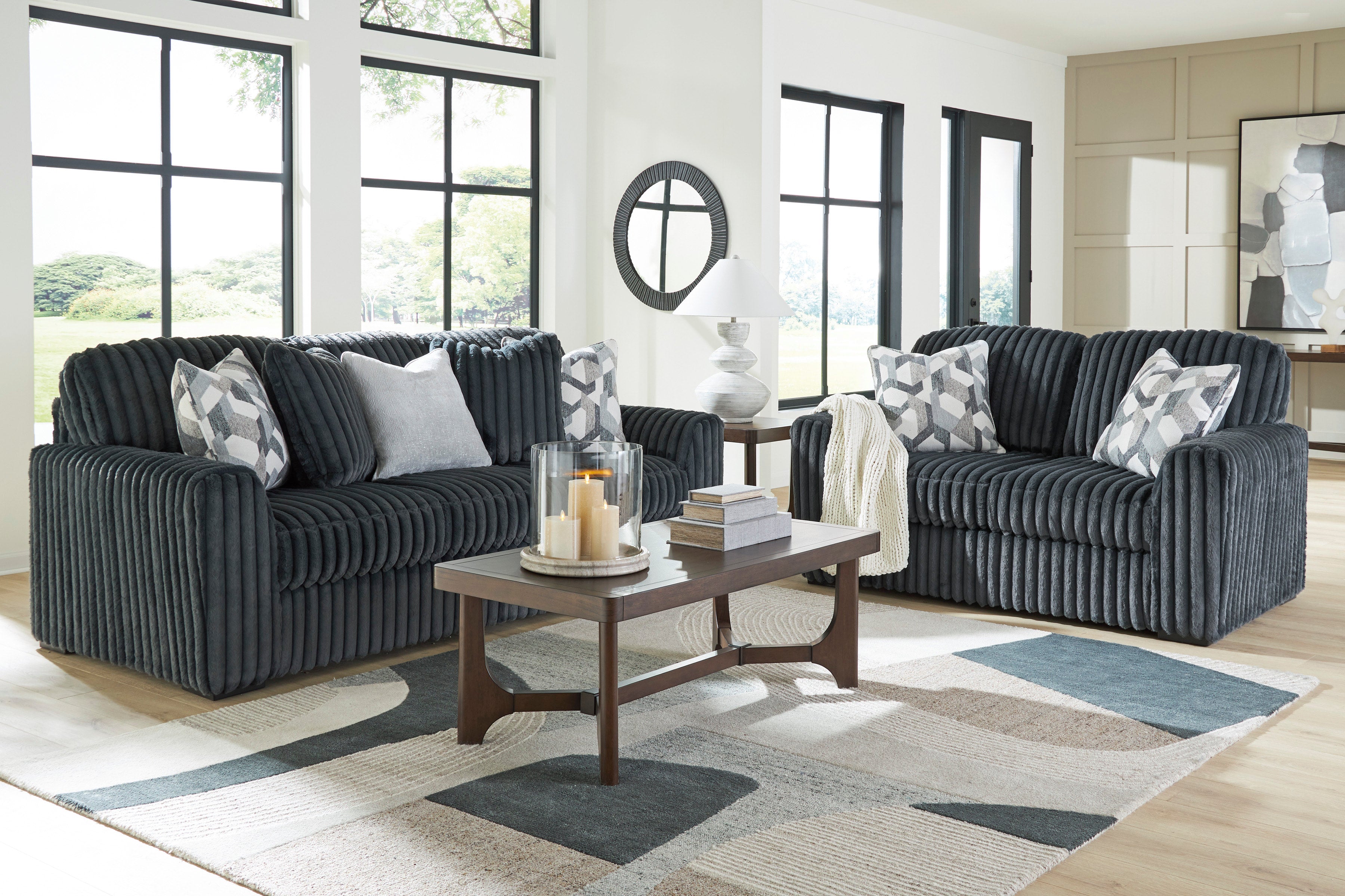 Ashley Gunmetal Oversized Channel Sofa & Loveseat Set