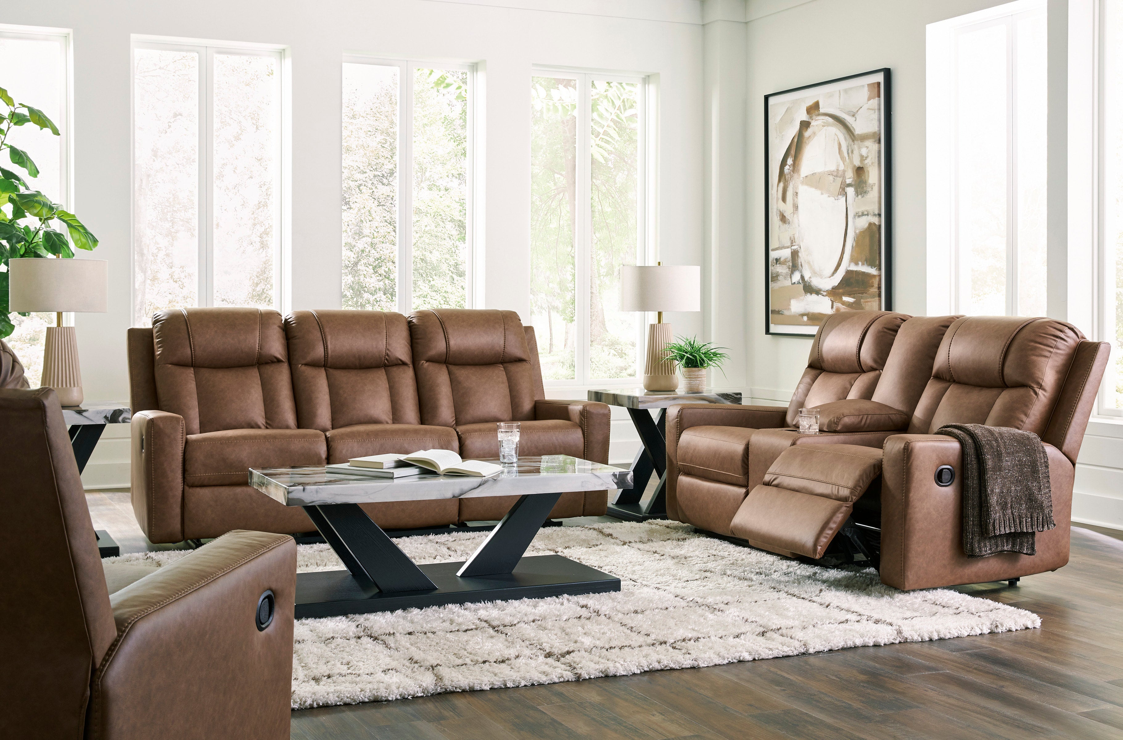Ashley Caramel Faux Leather Reclining Sofa Set