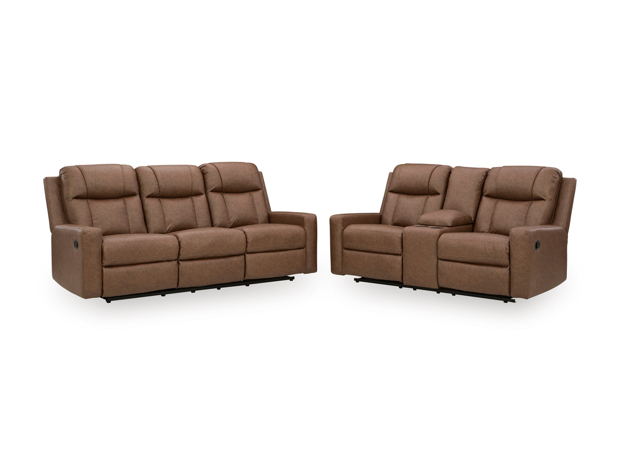Ashley Caramel Faux Leather Reclining Sofa Set, view 2