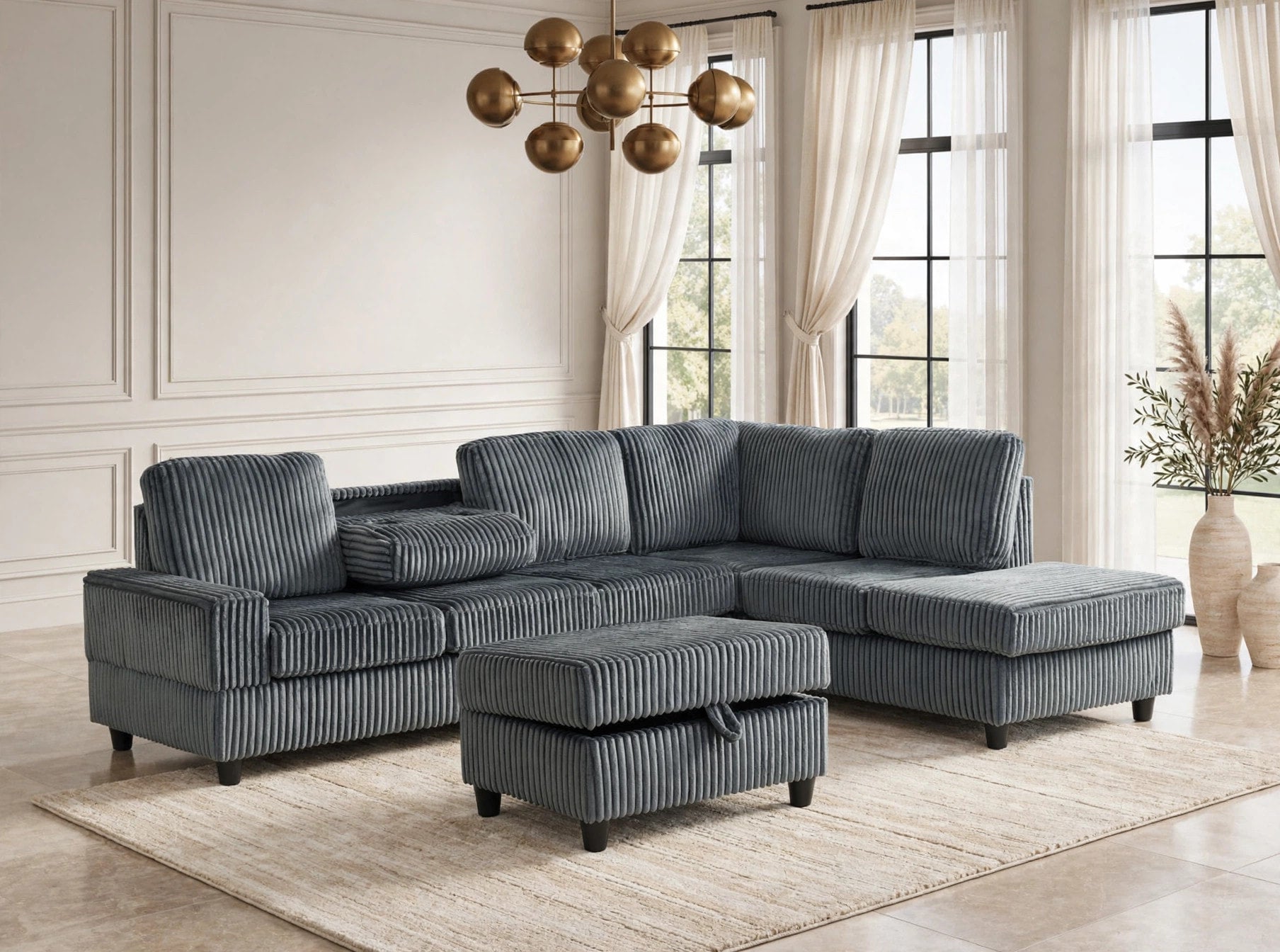 Heights Charcoal Cord Reversible Sectional with Storage Ottoman, view 2