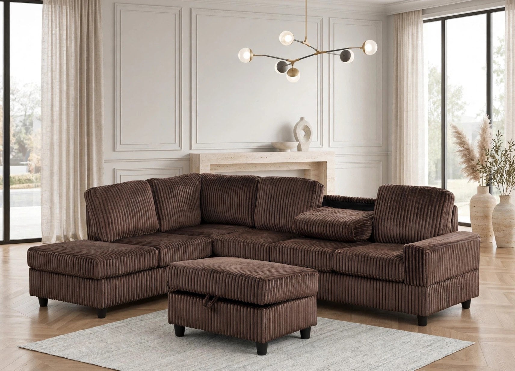 Heights Chocolate Cord Reversible Sectional with Storage Ottoman, view 2
