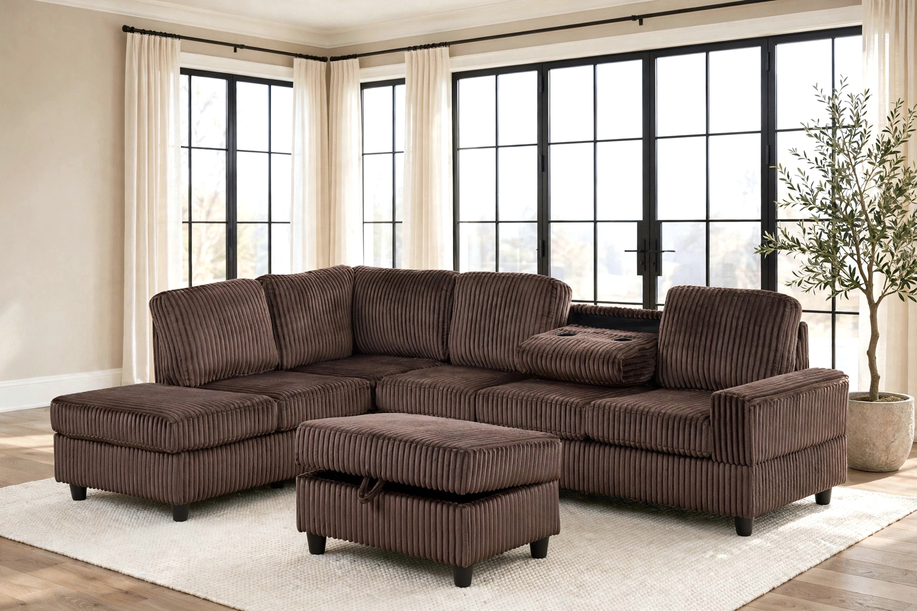 Heights Chocolate Cord Reversible Sectional with Storage Ottoman, view 3