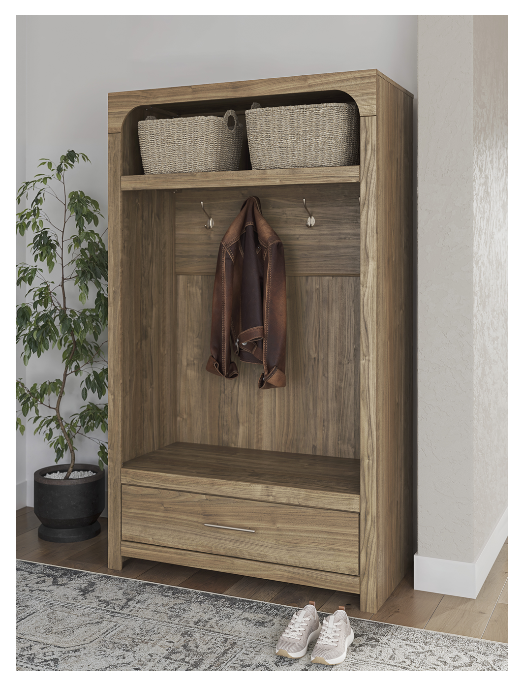 Ashley Brown Walnut-Look Hall Tree with Storage Bench
