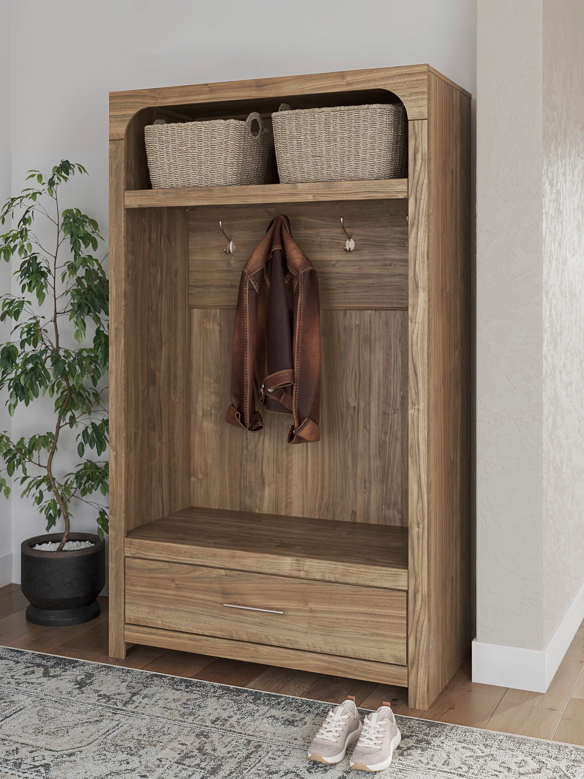 Ashley Brown Walnut-Look Hall Tree with Storage Bench, view 2