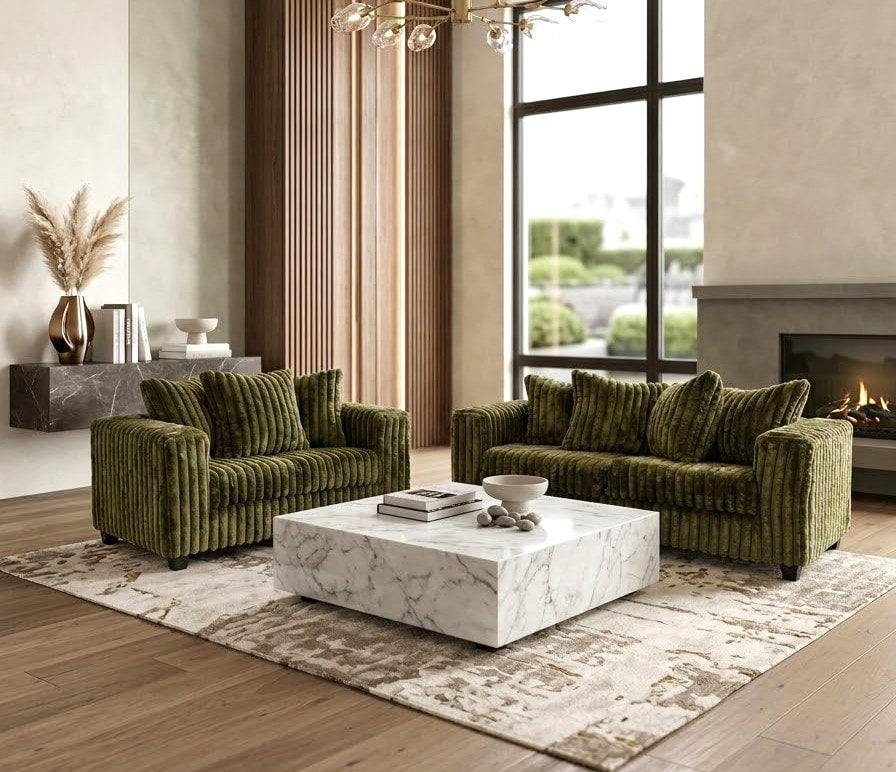Olive Sofa & Loveseat Set with Accent Pillows