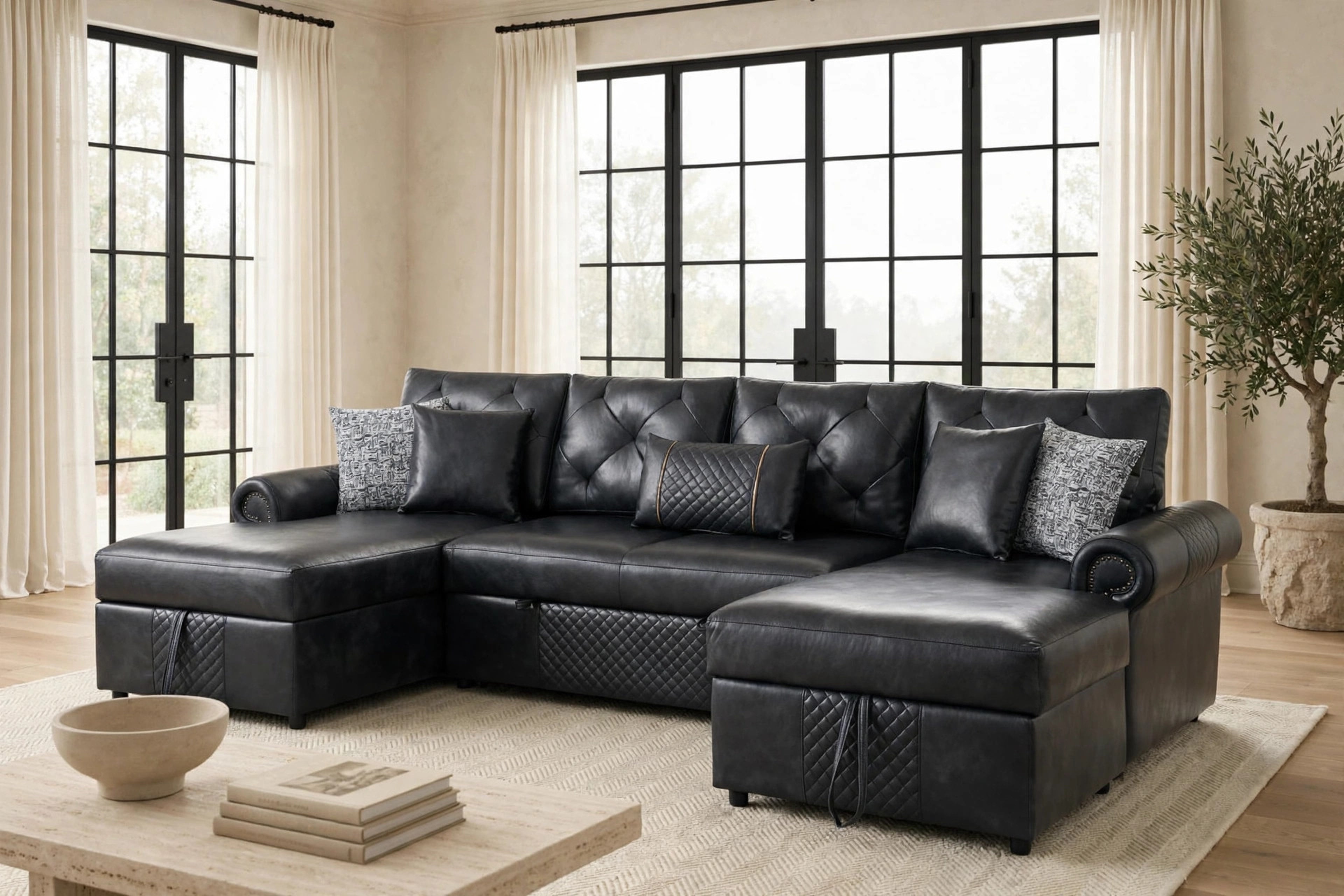 Sonoma black leather-gel sectional with both storage chaises open