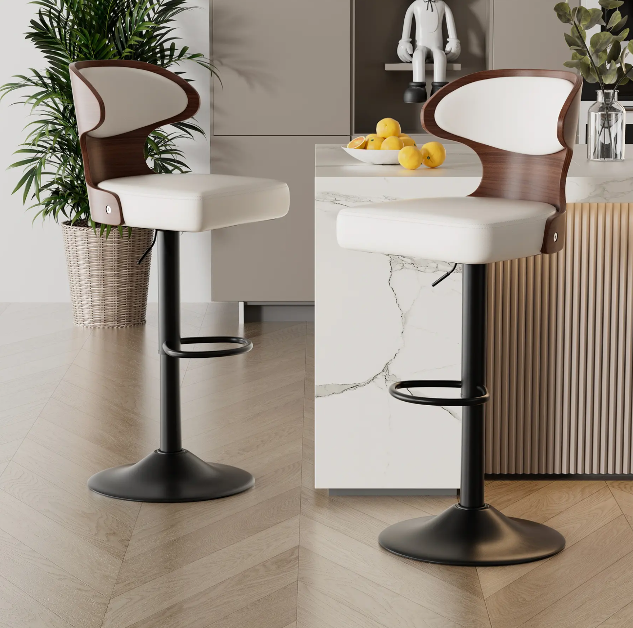 Off-White Faux Leather Adjustable Swivel Barstools (Set of 2)