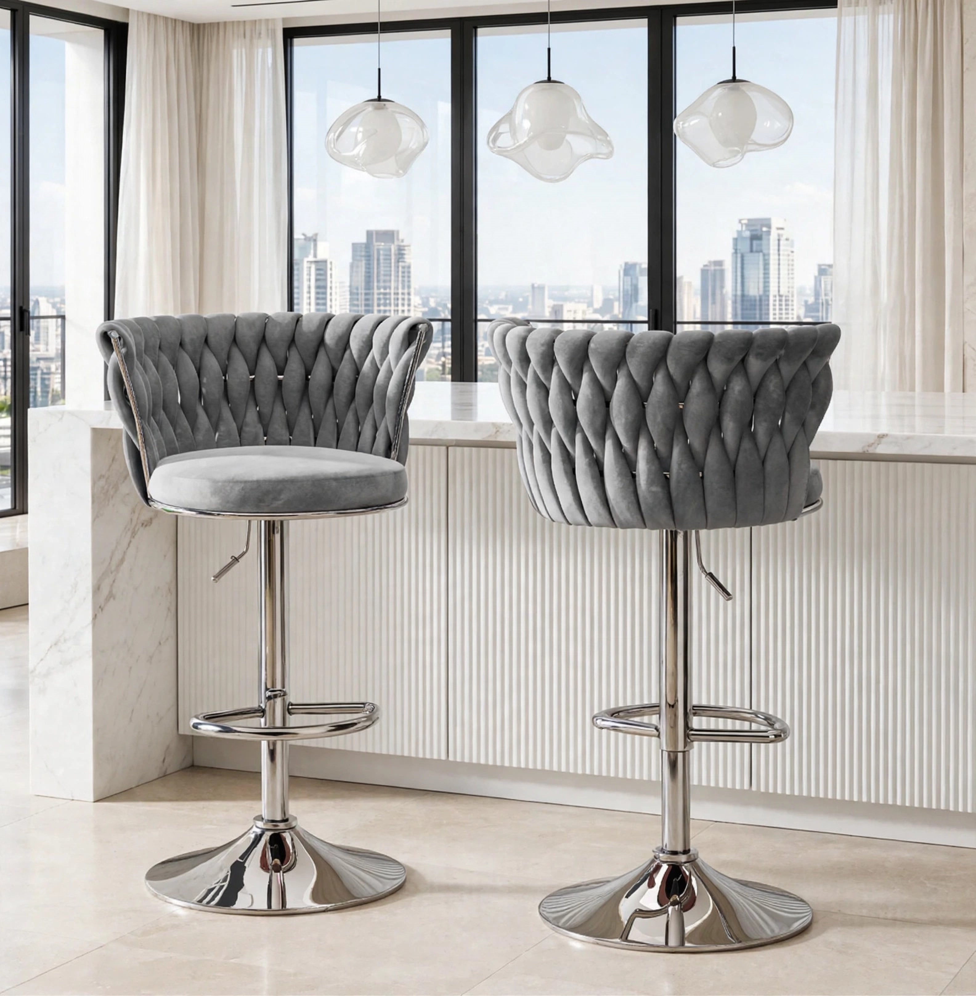 Gray Velvet Adjustable Swivel Barstools (Set of 2), view 3