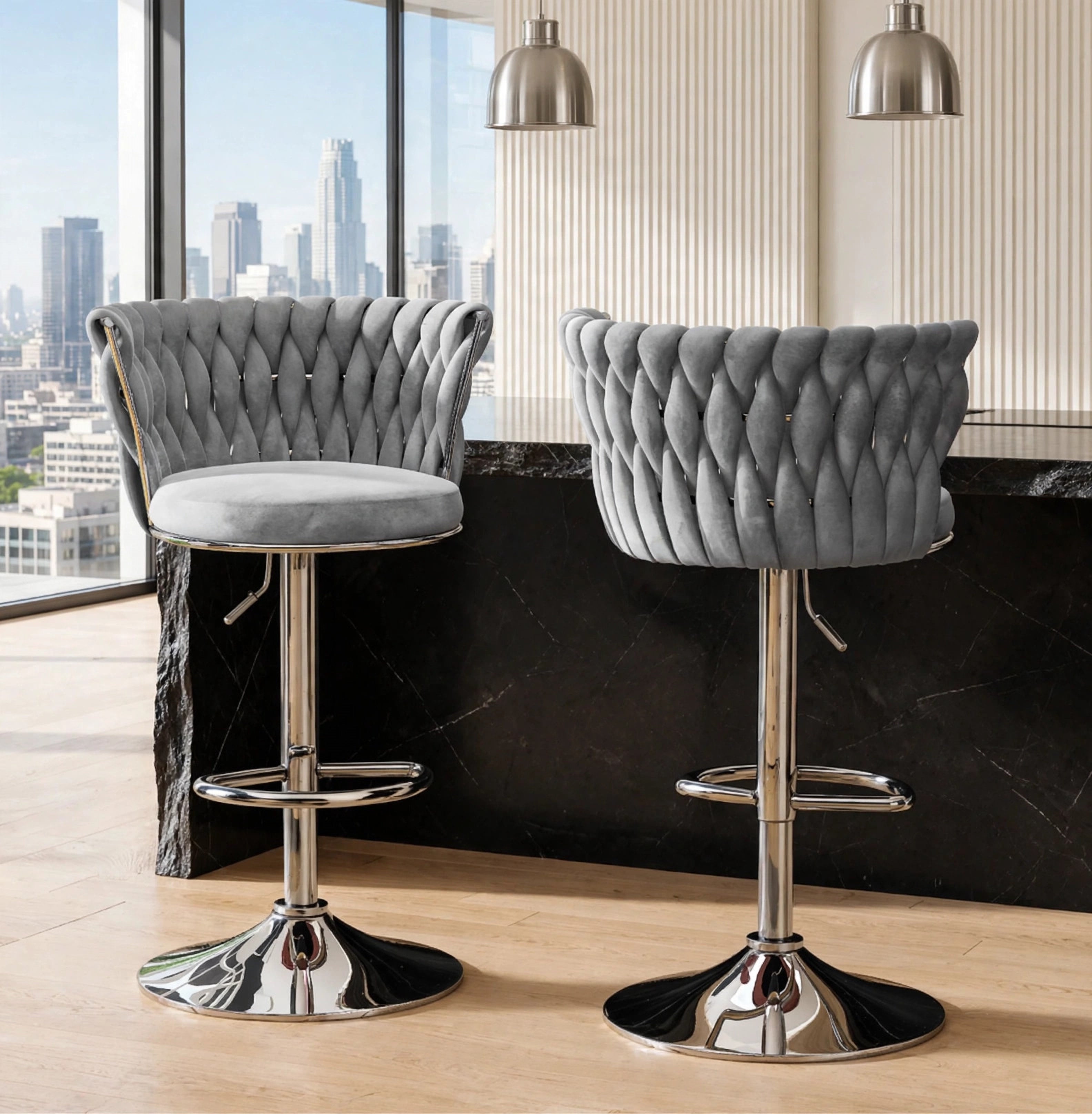 Gray Velvet Adjustable Swivel Barstools (Set of 2), view 4