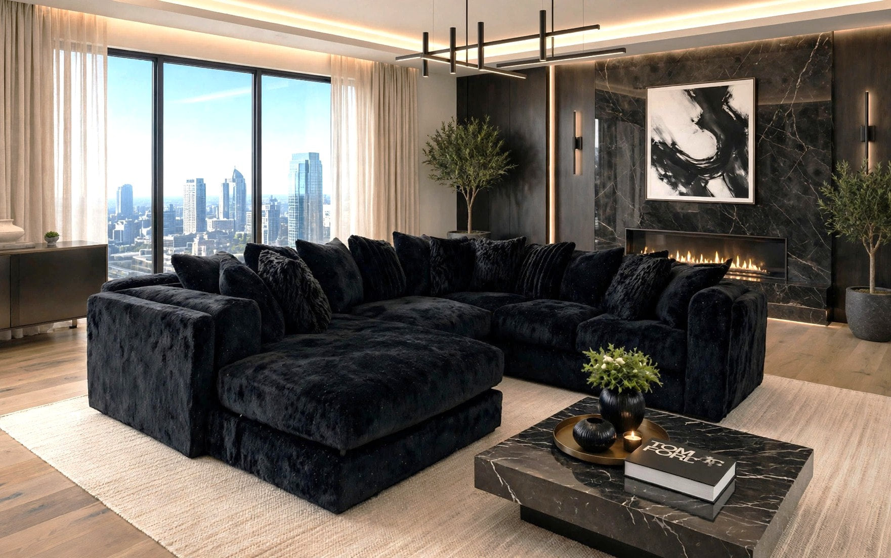 Glam Black Chenille Sectional with Silver Flecks