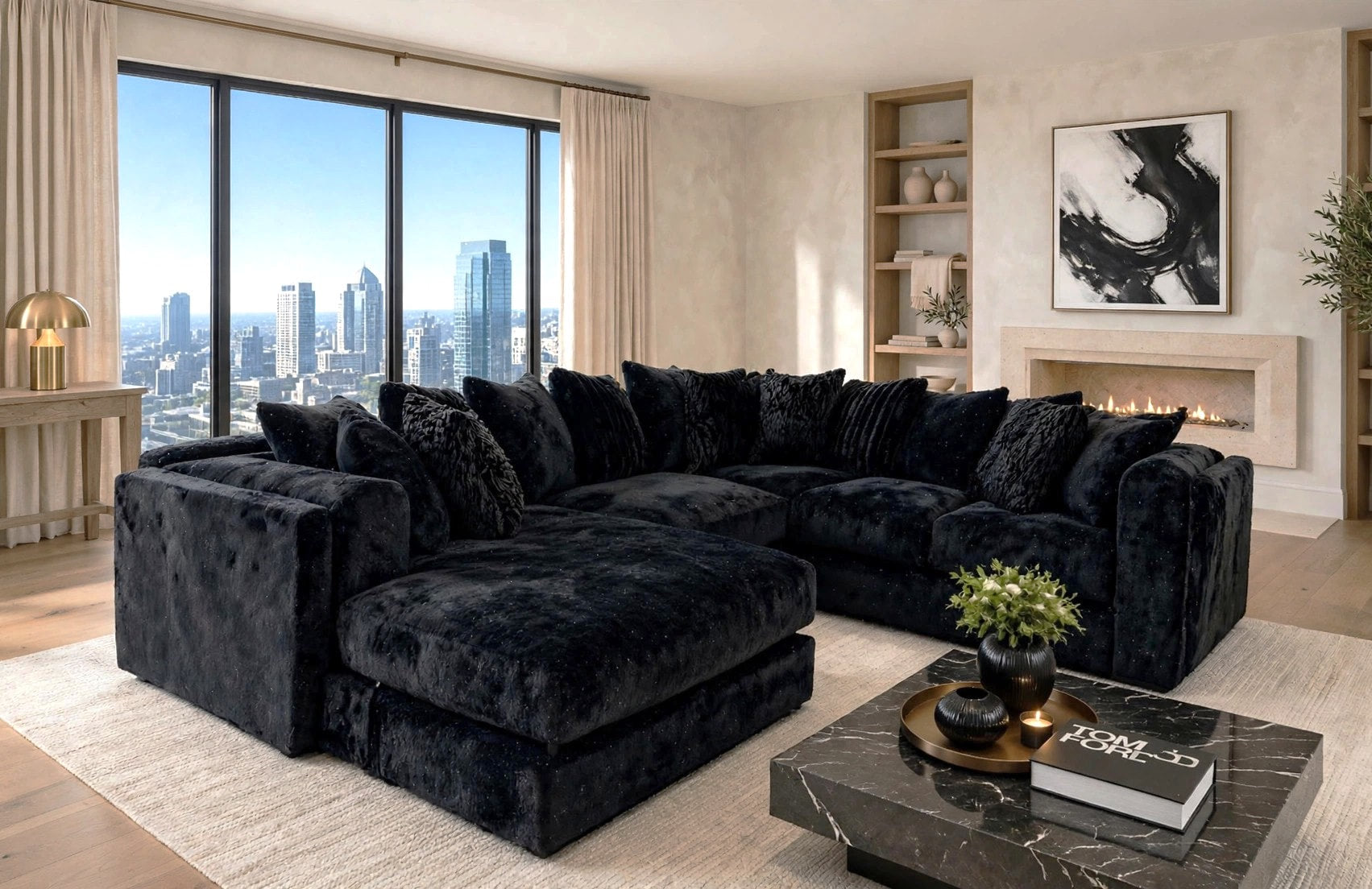 Glam Black Chenille Sectional with Silver Flecks, view 2