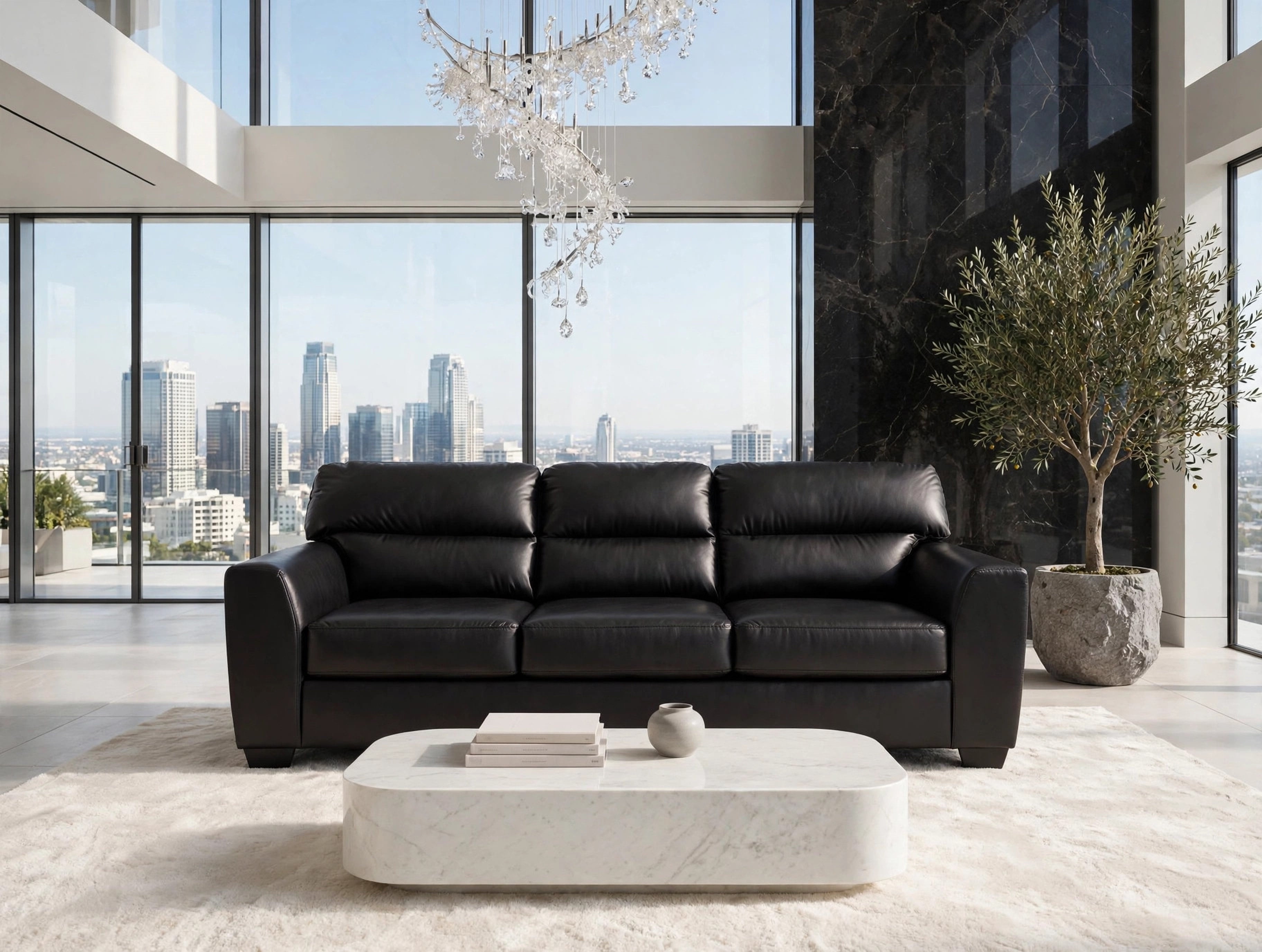 Ashley Midnight Black Faux Leather Queen Sleeper Sofa, view 2