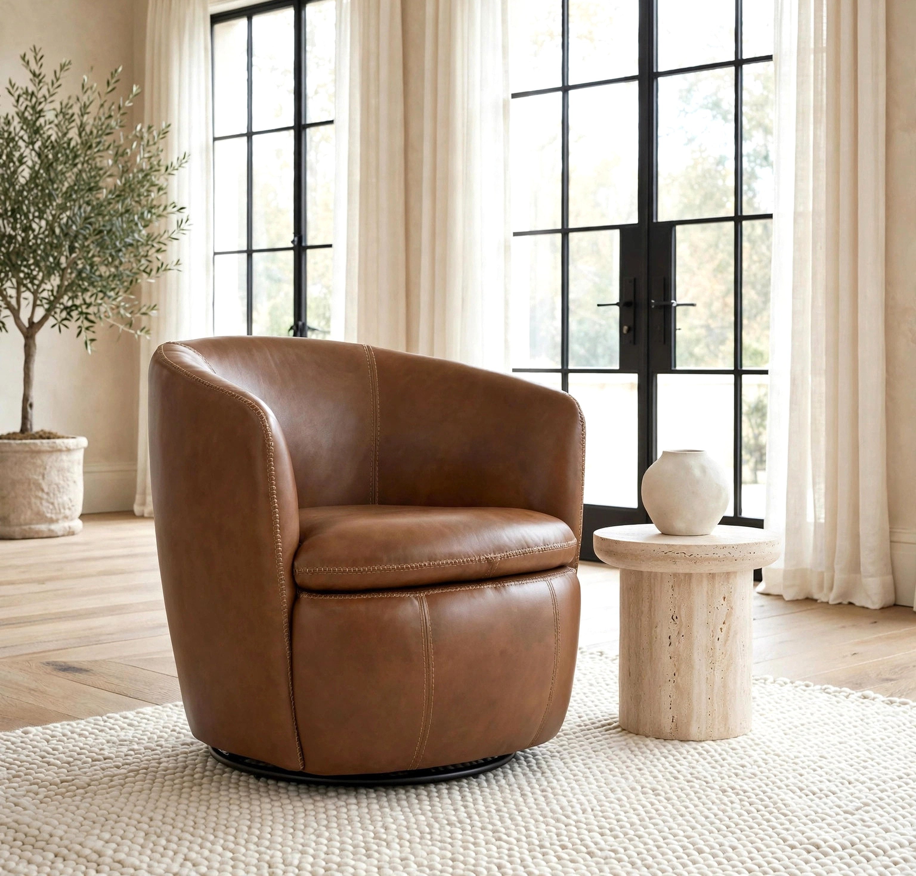 Ashley Caramel Top Grain Leather Swivel Accent Chair, view 2