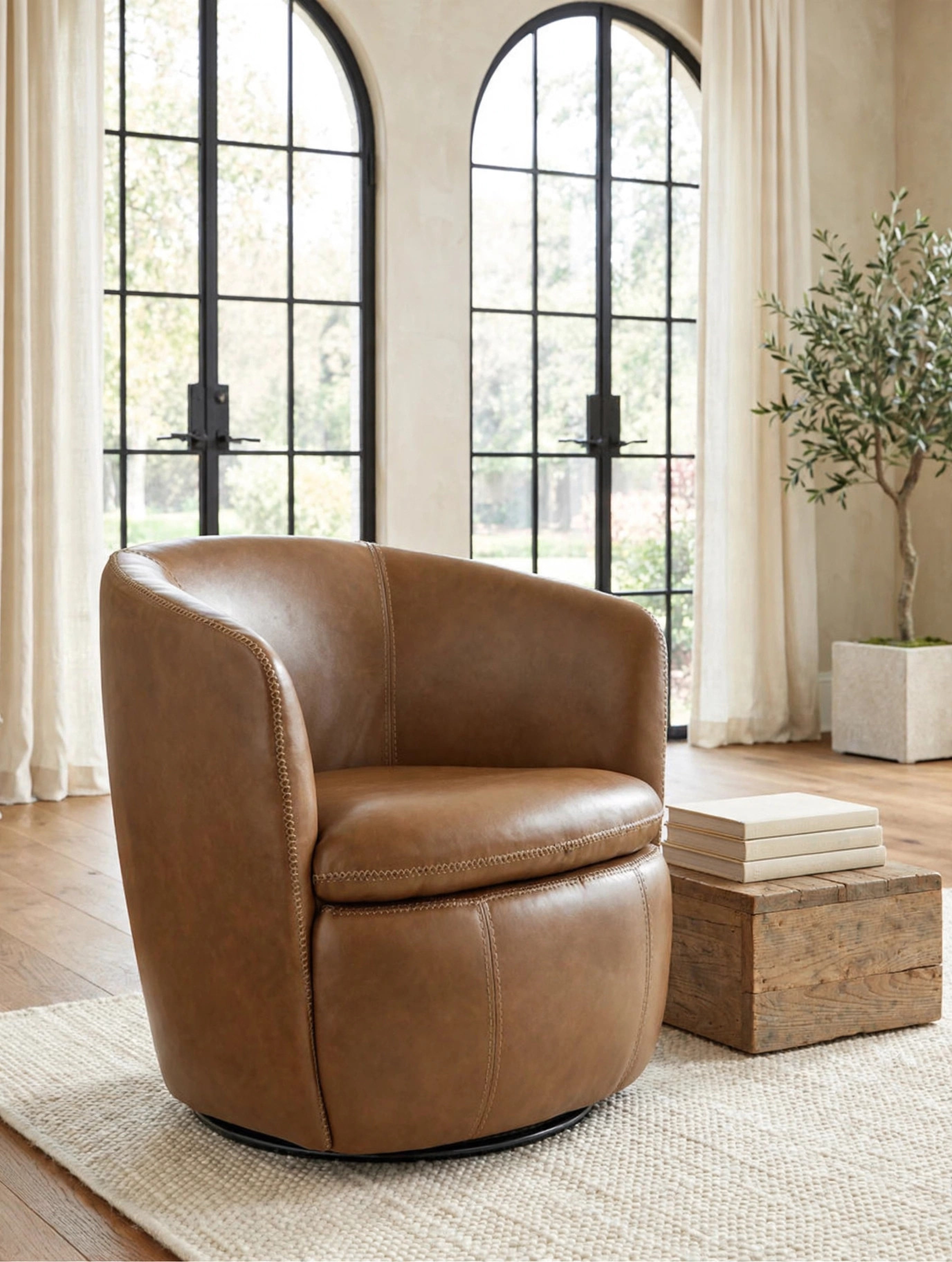 Ashley Caramel Top Grain Leather Swivel Accent Chair, view 3