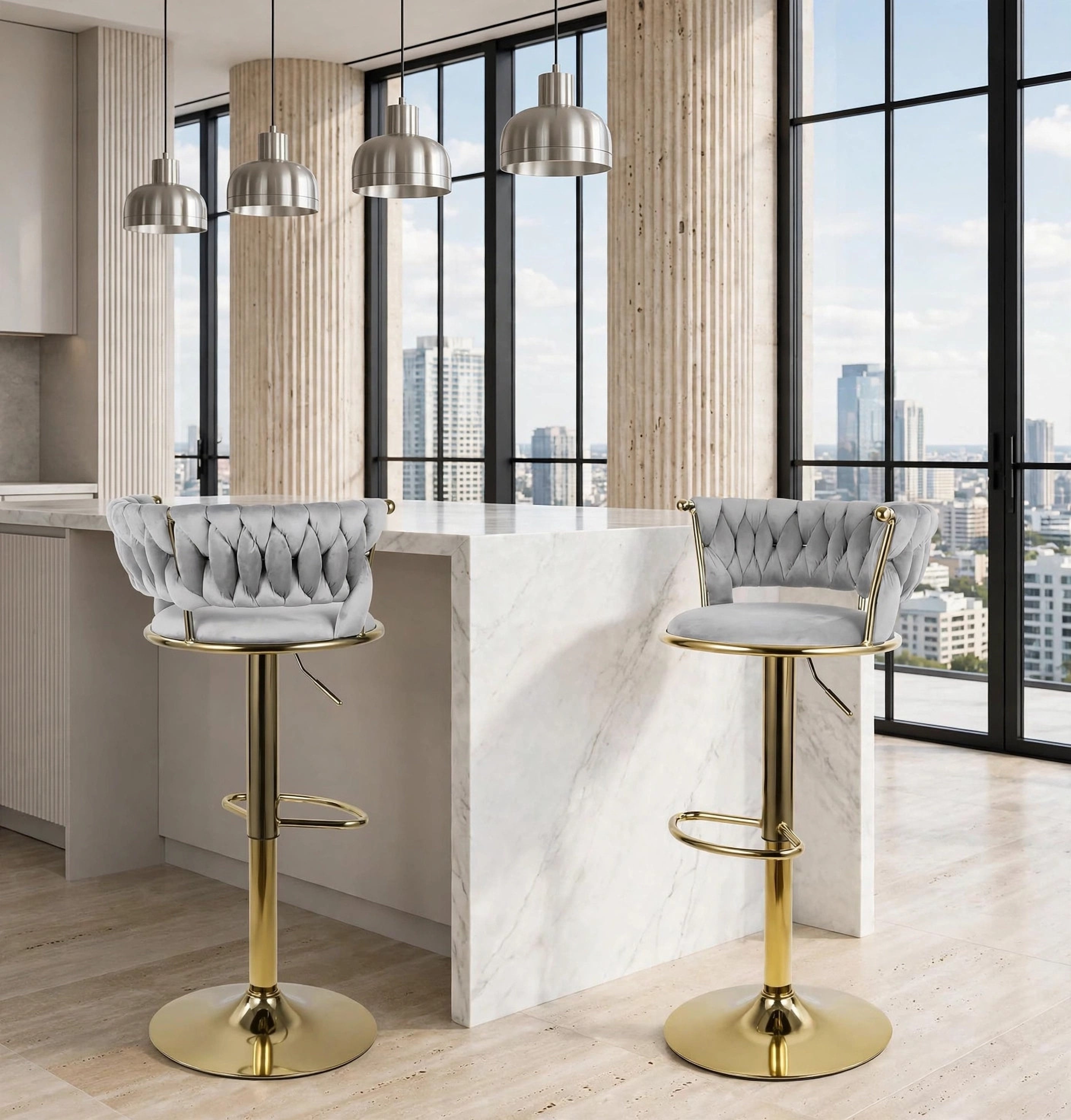 Gray Velvet Swivel Counter Stools with Gold Base (Set of 2)