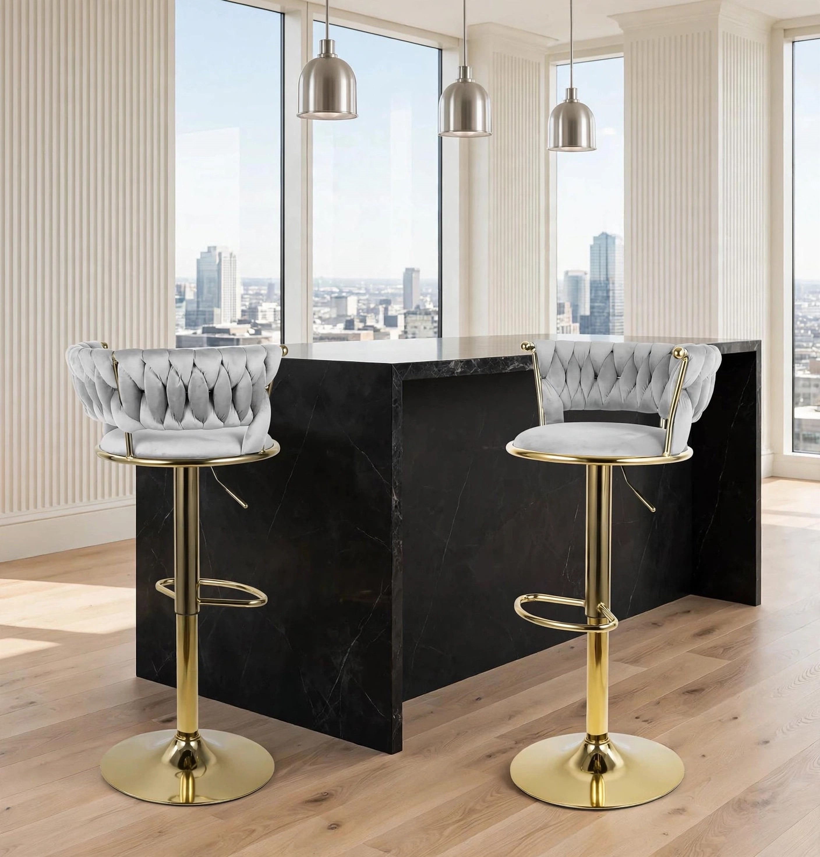 Gray Velvet Swivel Counter Stools with Gold Base (Set of 2), view 2