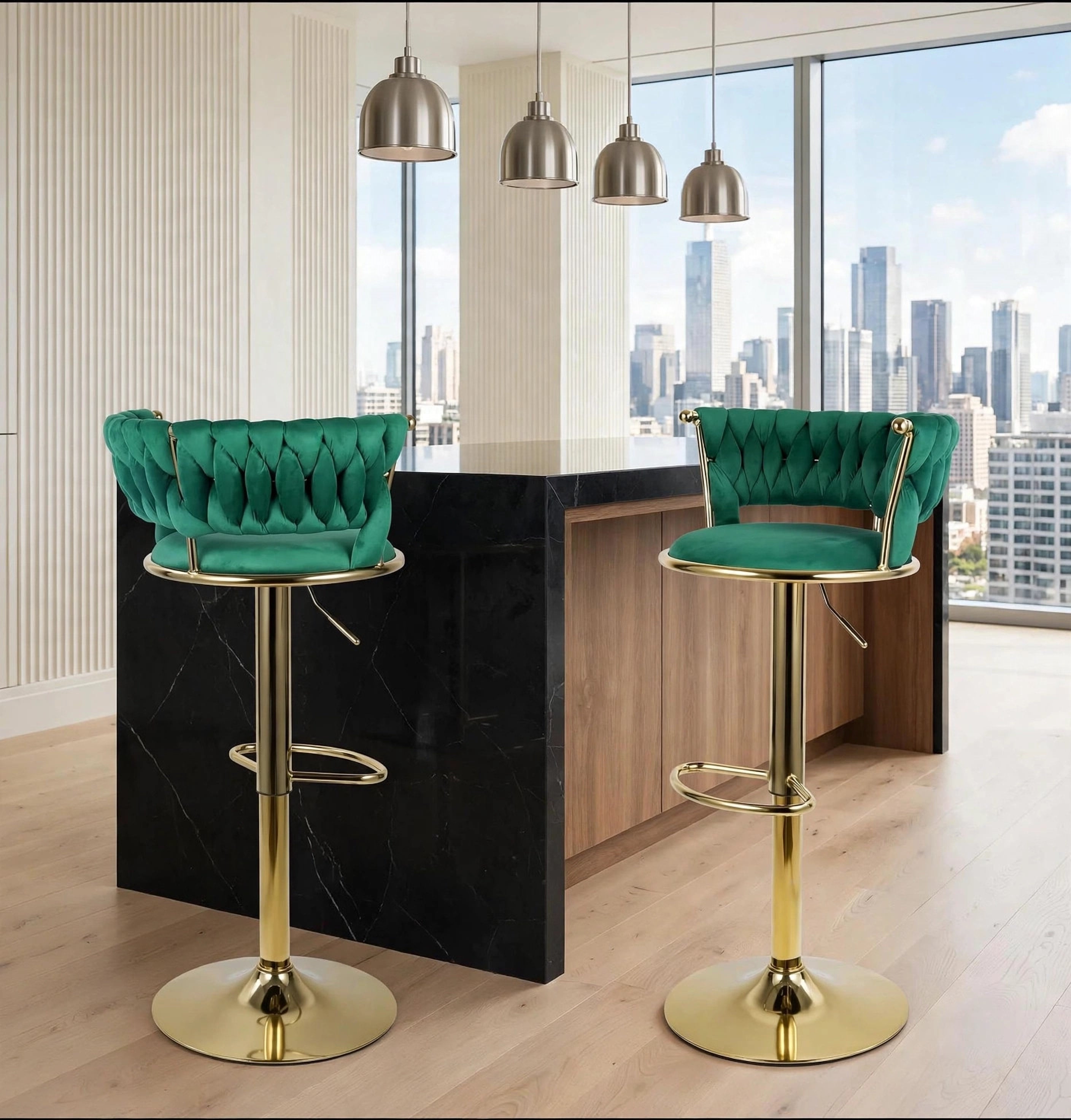 Green Velvet Swivel Counter Stools with Gold Base (Set of 2)