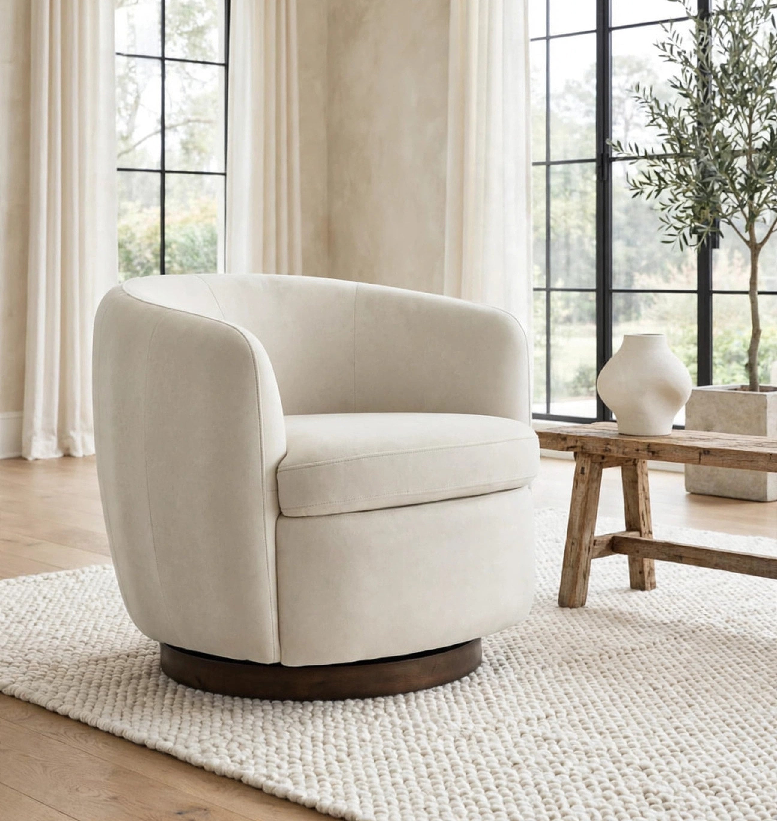 Ashley Light Beige Velvet Swivel Barrel Chair, view 2