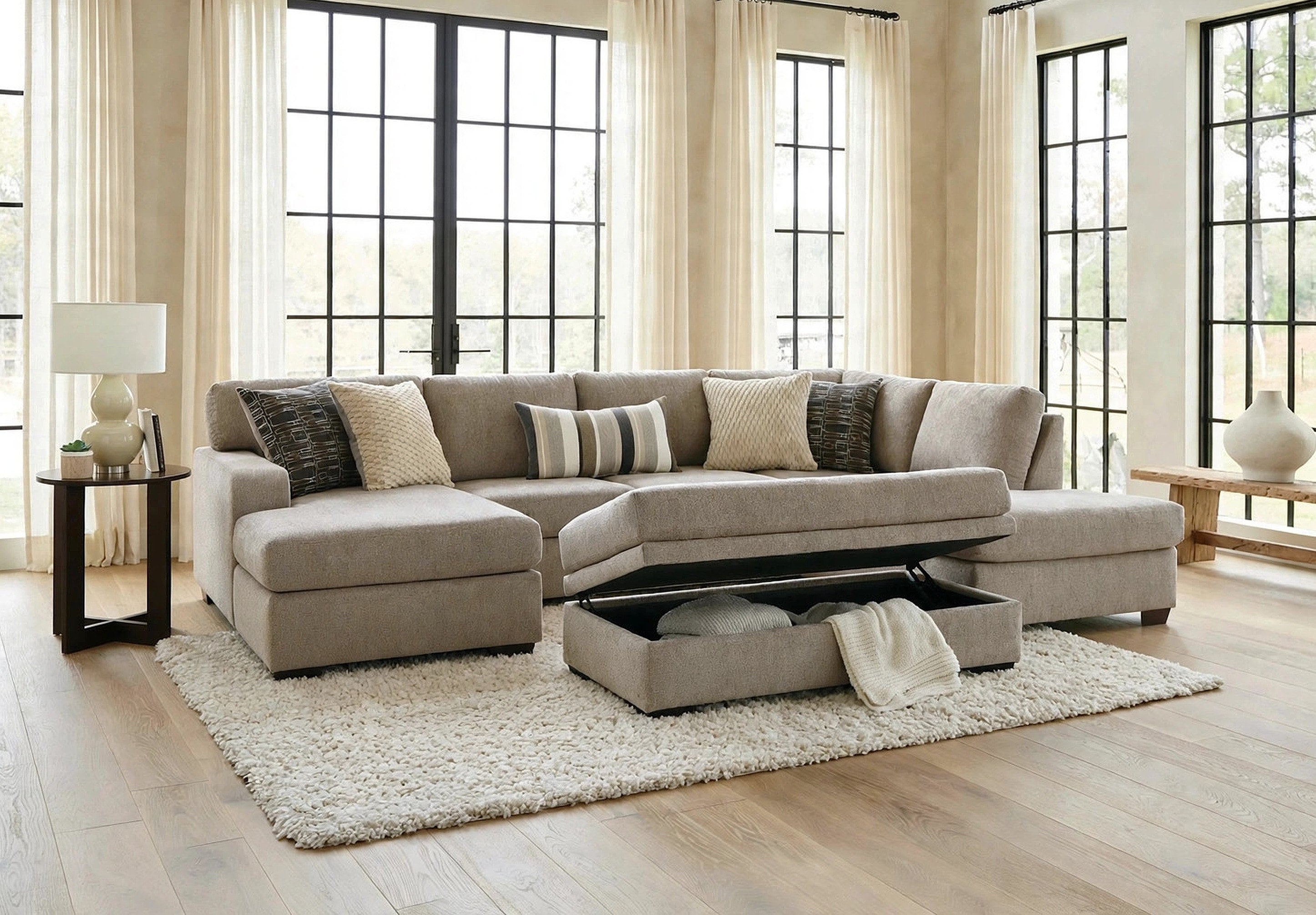 Behold Double Chaise Sectional with storage ottoman open