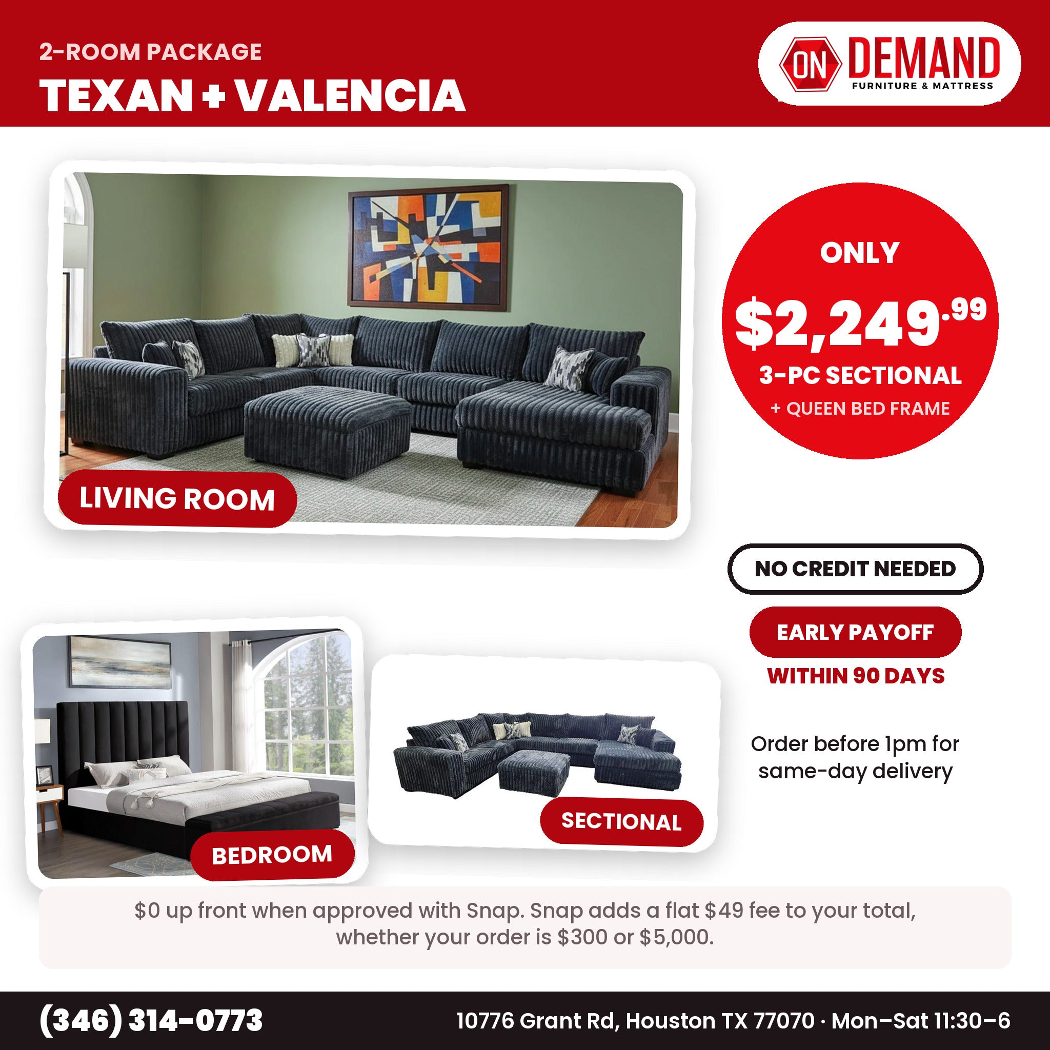 Texan Navy Corduroy 2 Room Package: navy corduroy sectional and Valencia bed frame