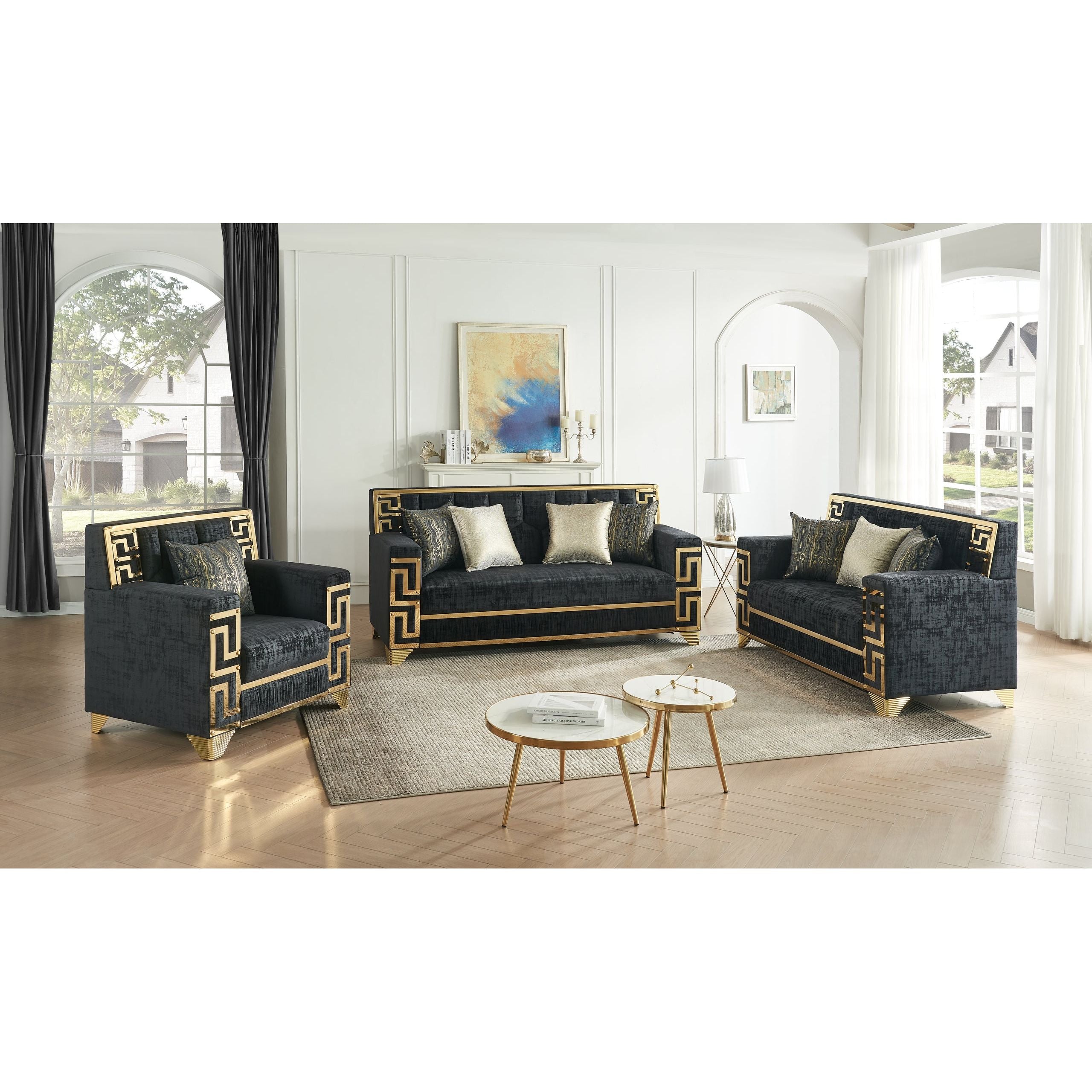 Hira Black Sofa and Loveseat Set with Gold Accents