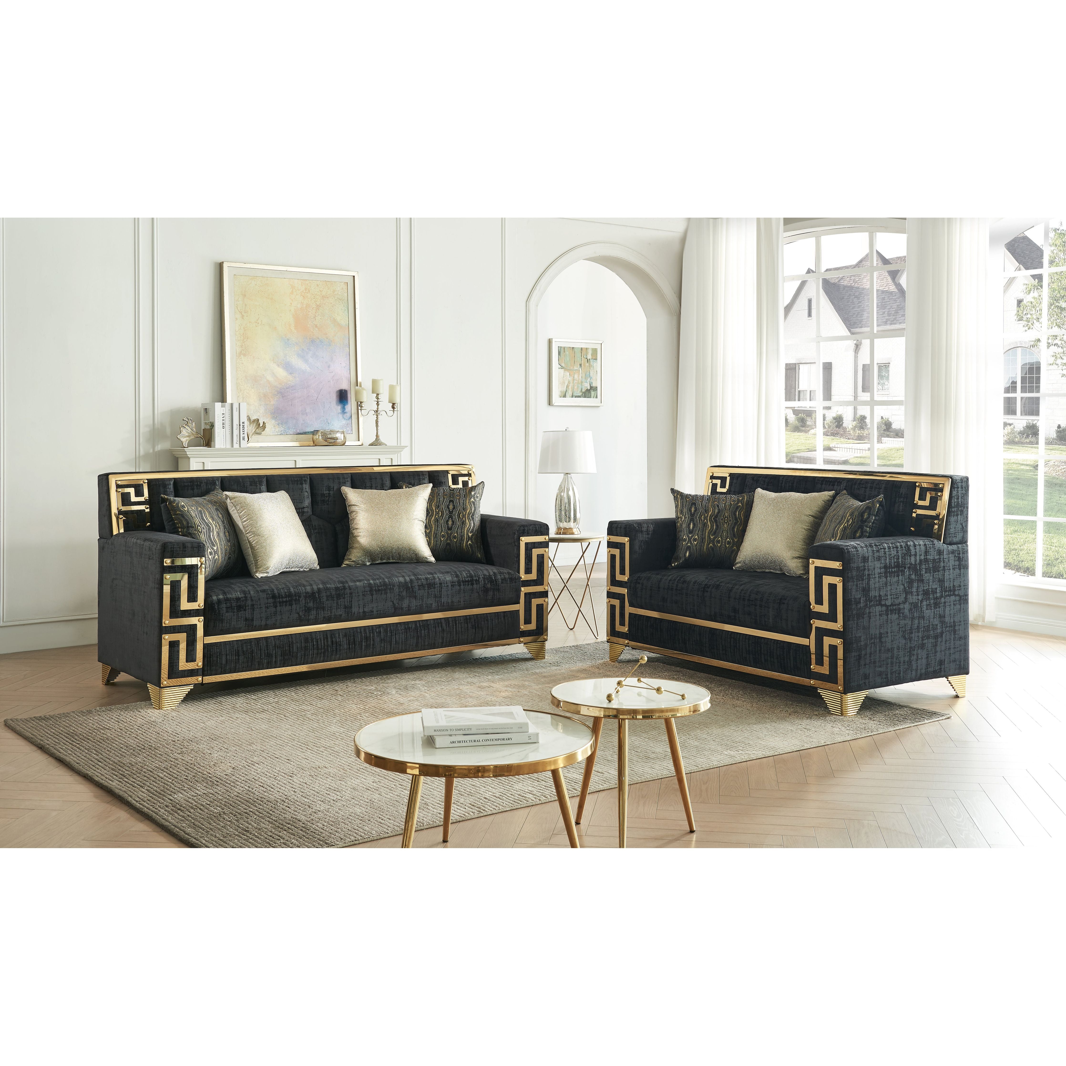 Hira Black Sofa and Loveseat Set with Gold Accents, view 2