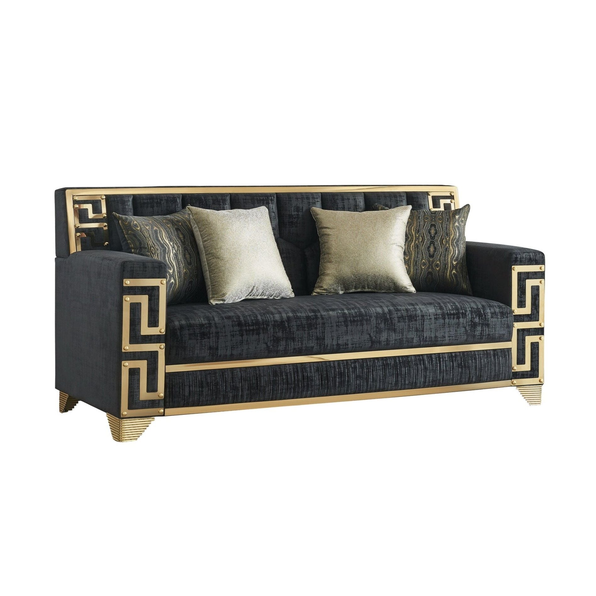 Hira Black Sofa and Loveseat Set with Gold Accents, view 3