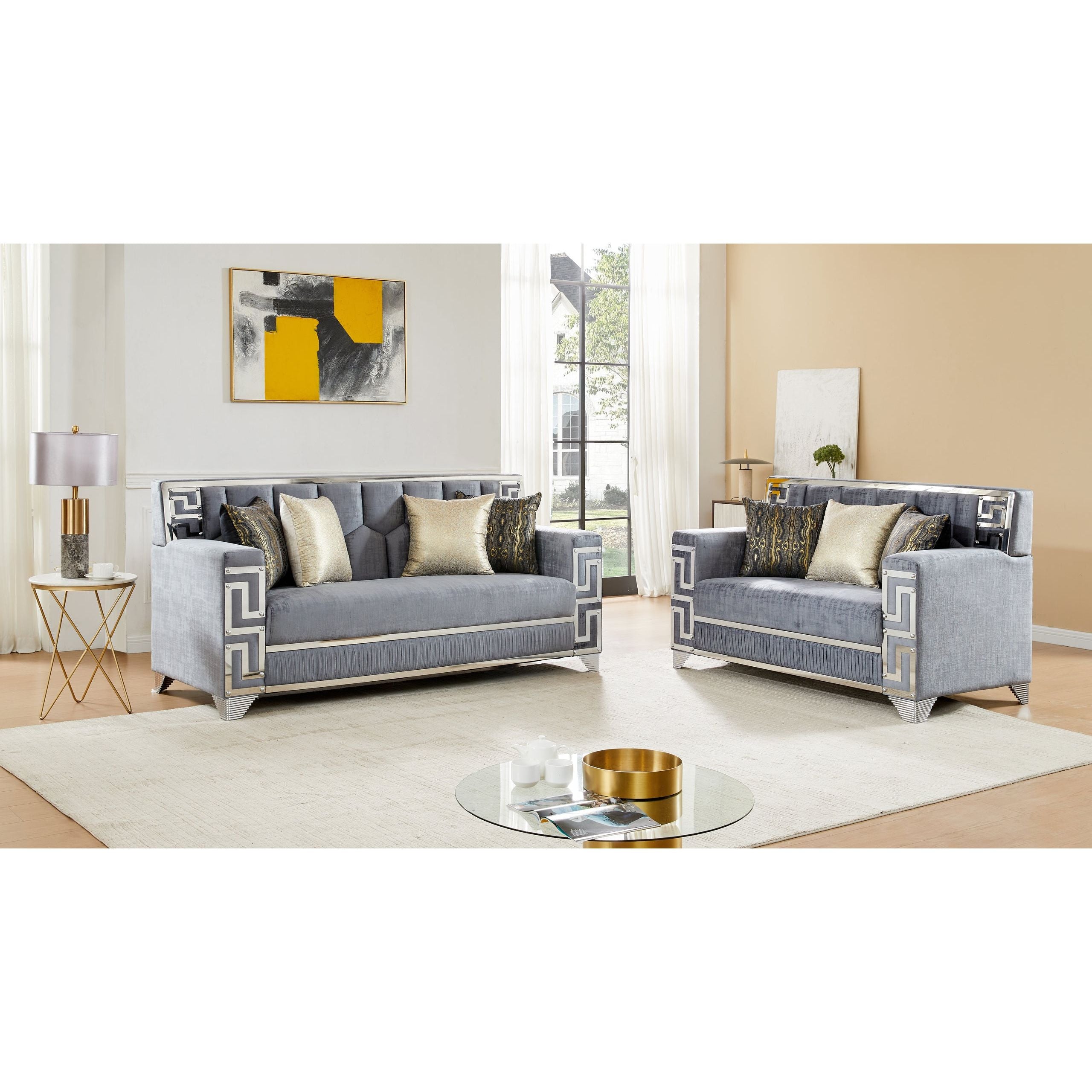 Hira Gray Sofa and Loveseat Set with Gold Accents, view 2