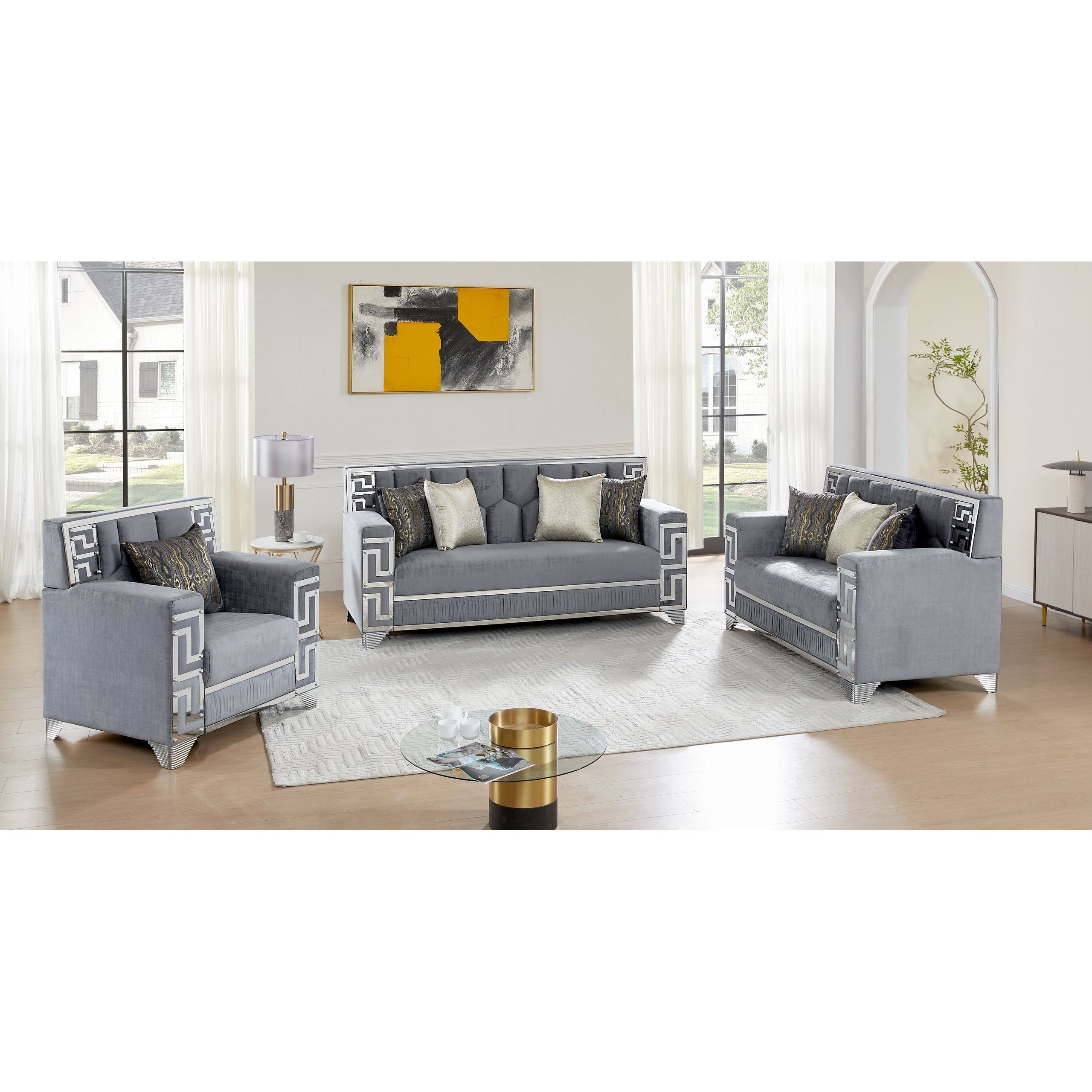 Hira Gray Sofa and Loveseat Set with Gold Accents