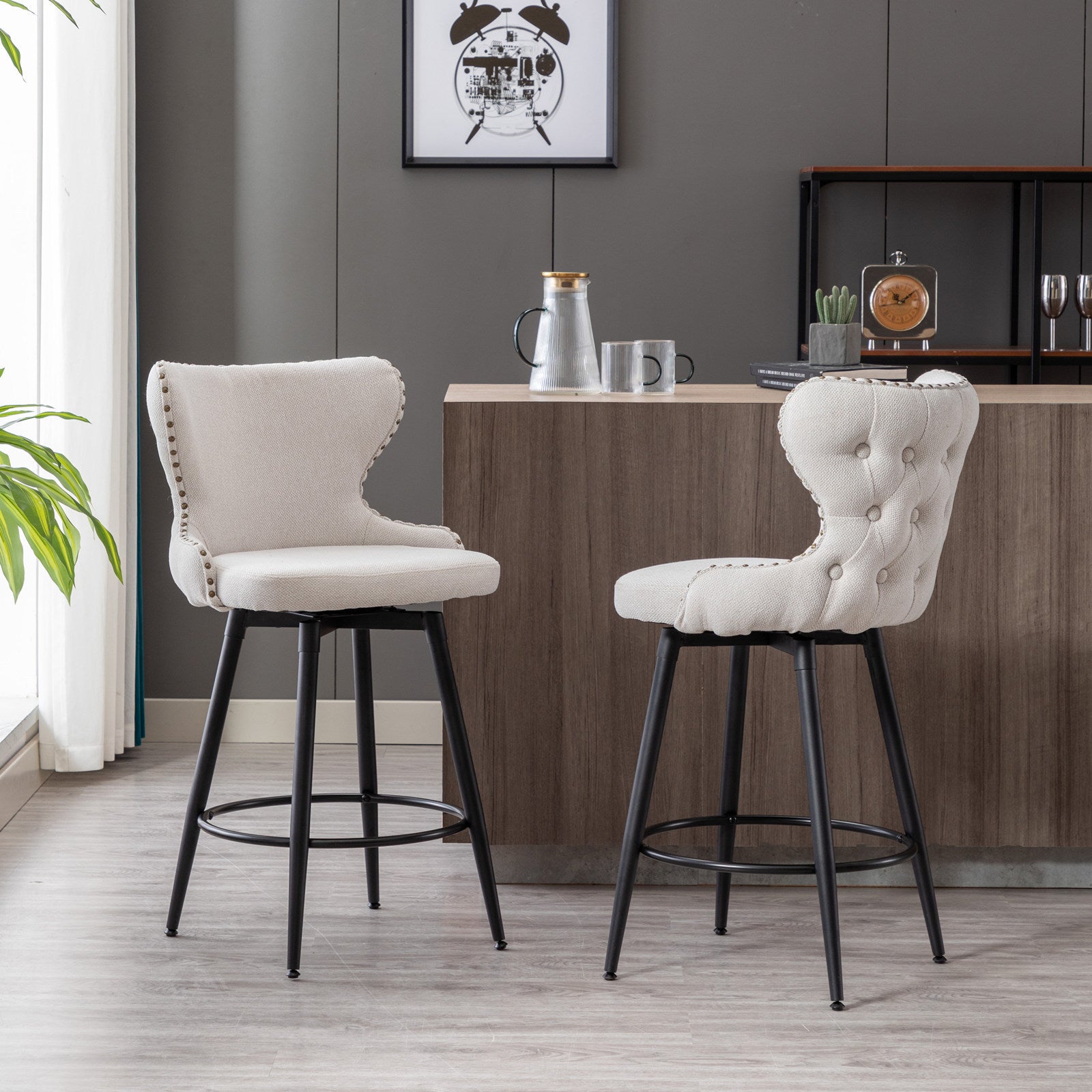 A&A Furniture,Counter Height 25" Modern Linen Fabric bar chairs,180° Swivel Bar Stool Chair for Kitchen,Tufted Cupreous Nailhead Trim Burlap Bar Stools with Metal Legs,Set of 2 (Beige)