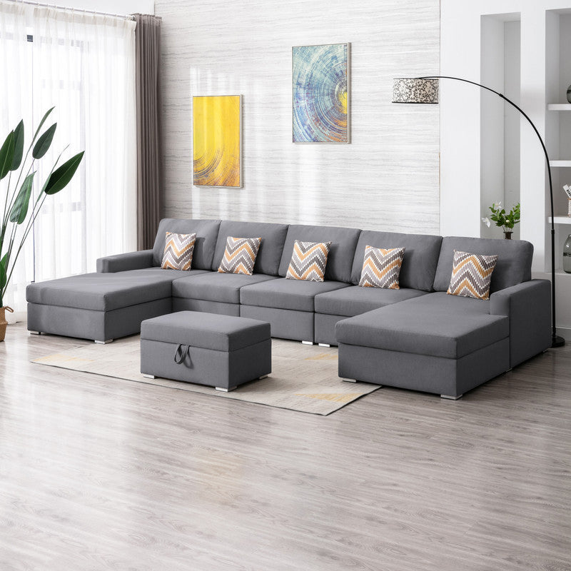 Nolan Gray Linen Fabric 6Pc Double Chaise Sectional Sofa with Interchangeable Legs, Storage Ottoman, and Pillows