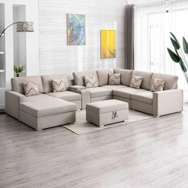 Nolan Beige Linen Fabric 8Pc Reversible Chaise Sectional Sofa with Interchangeable Legs, Pillows, Storage Ottoman, and a USB, Charging Ports, Cupholders, Storage Console Table