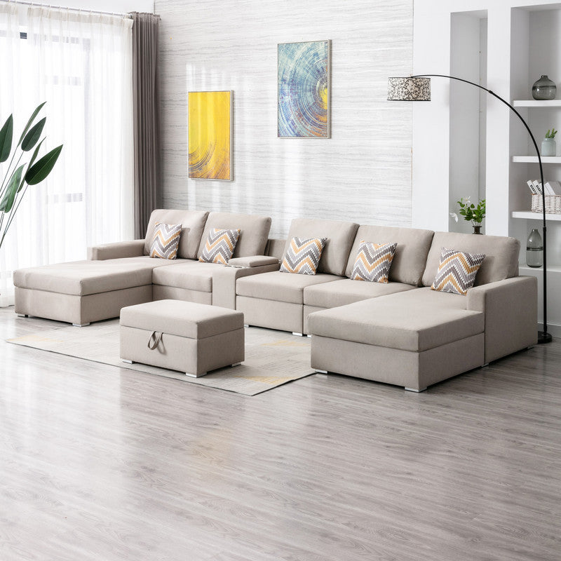 Nolan Beige Linen Fabric 7Pc Double Chaise Sectional Sofa with Interchangeable Legs, Storage Ottoman, Pillows, and a USB, Charging Ports, Cupholders, Storage Console Table