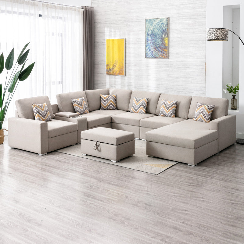Nolan Beige Linen Fabric 8Pc Reversible Chaise Sectional Sofa with Interchangeable Legs, Pillows, Storage Ottoman, and a USB, Charging Ports, Cupholders, Storage Console Table