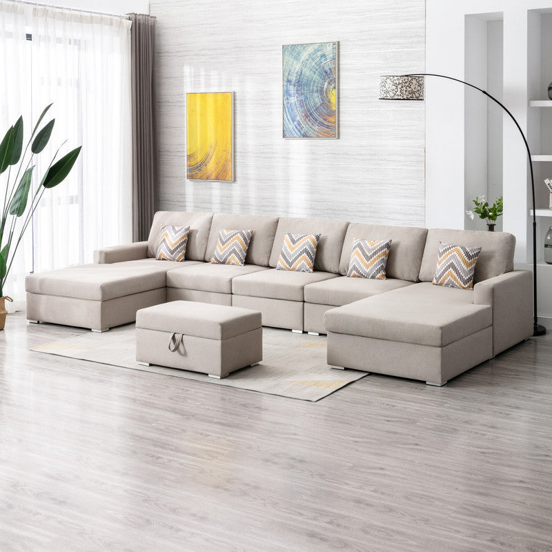 Nolan Beige Linen Fabric 6Pc Double Chaise Sectional Sofa with Interchangeable Legs, Storage Ottoman, and Pillows