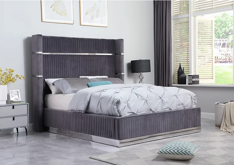 ASPEN TUFTED BED IN SILVER VELVET WITH GOLD ACCENTS