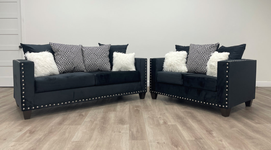 BLACK VELVET SOFA AND LOVESEAT WITH NAILHEADS