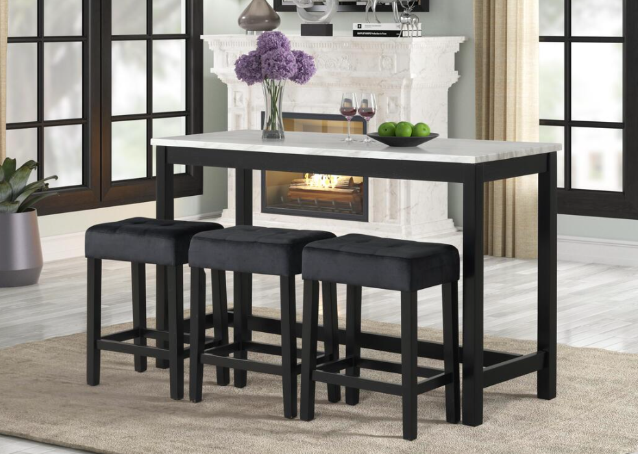 GLORIA FAUX MARBLE W/ 3 BLACK VELVET STOOLS