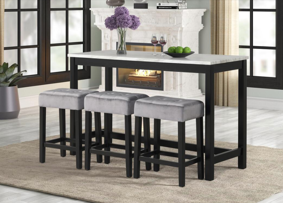 GLORIA FAUX MARBLE W/ 3 GREY VELVET STOOLS