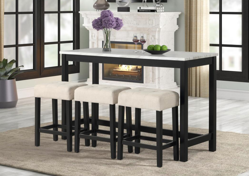 GLORIA FAUX MARBLE W/ 3 CREAM LINEN STOOLS
