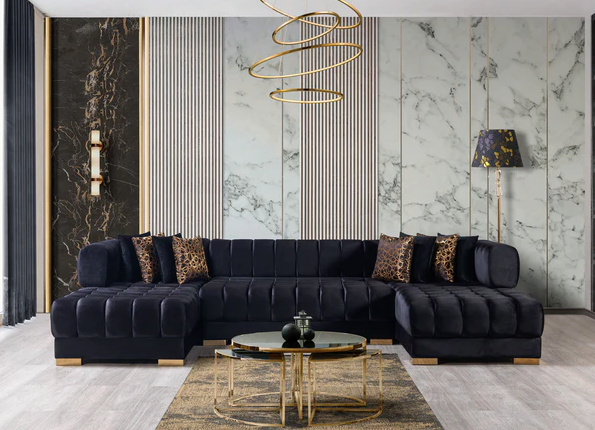 ARIANA VELVET BLACK DOUBLE CHAISE SECTIONAL