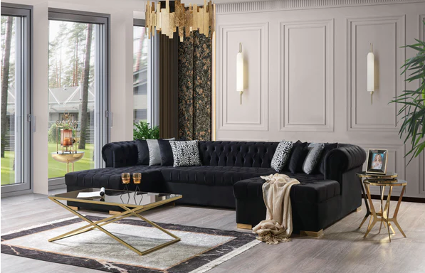LAUREN VELVET BLACK DOUBLE CHAISE SECTIONAL