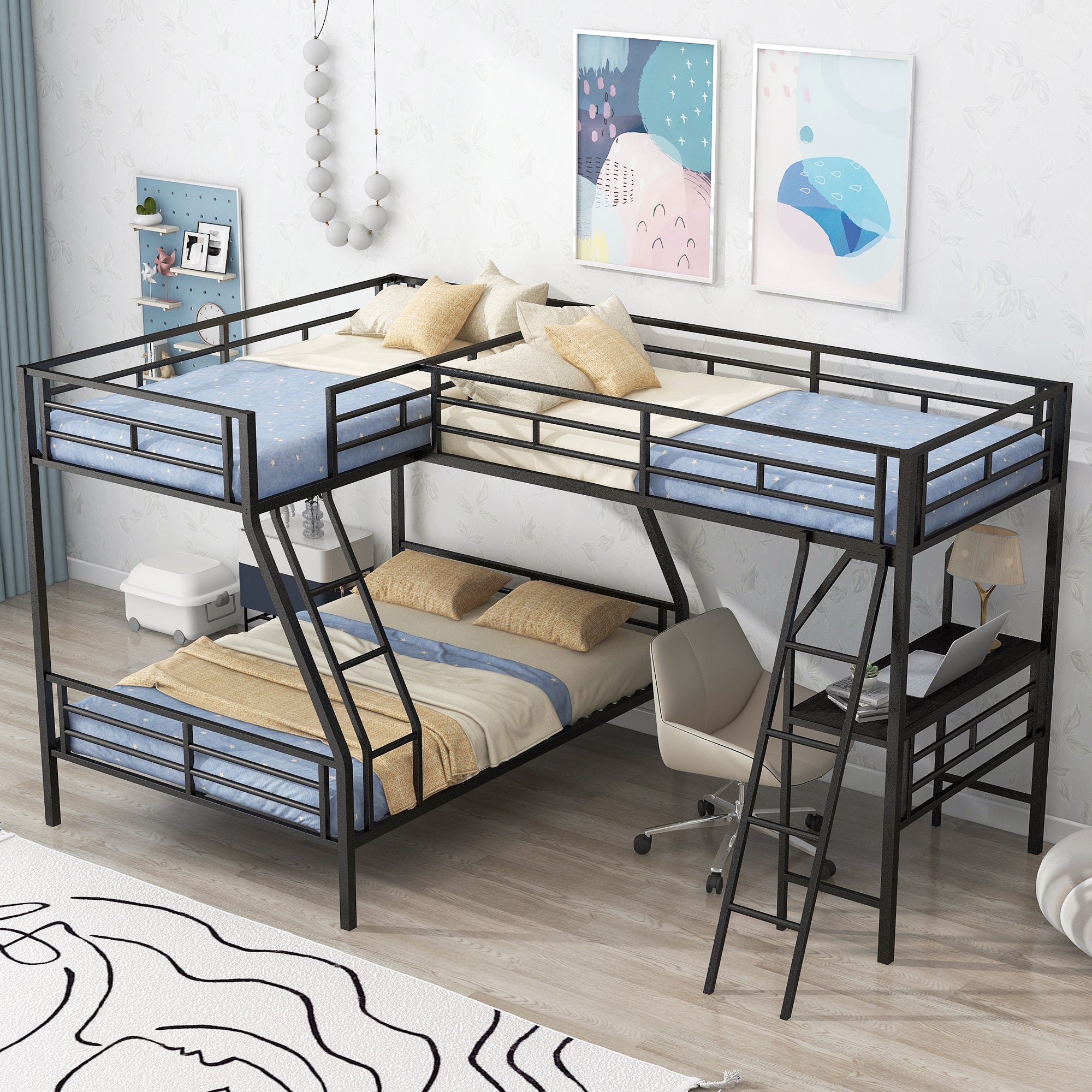 Twin over Full Bunk Bed with a Twin Size Loft Bed attached, with a Desk, Metal, Black