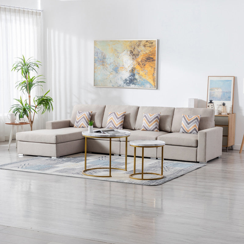 Nolan Beige Linen Fabric 4Pc Reversible Sectional Sofa Chaise with Pillows and Interchangeable Legs