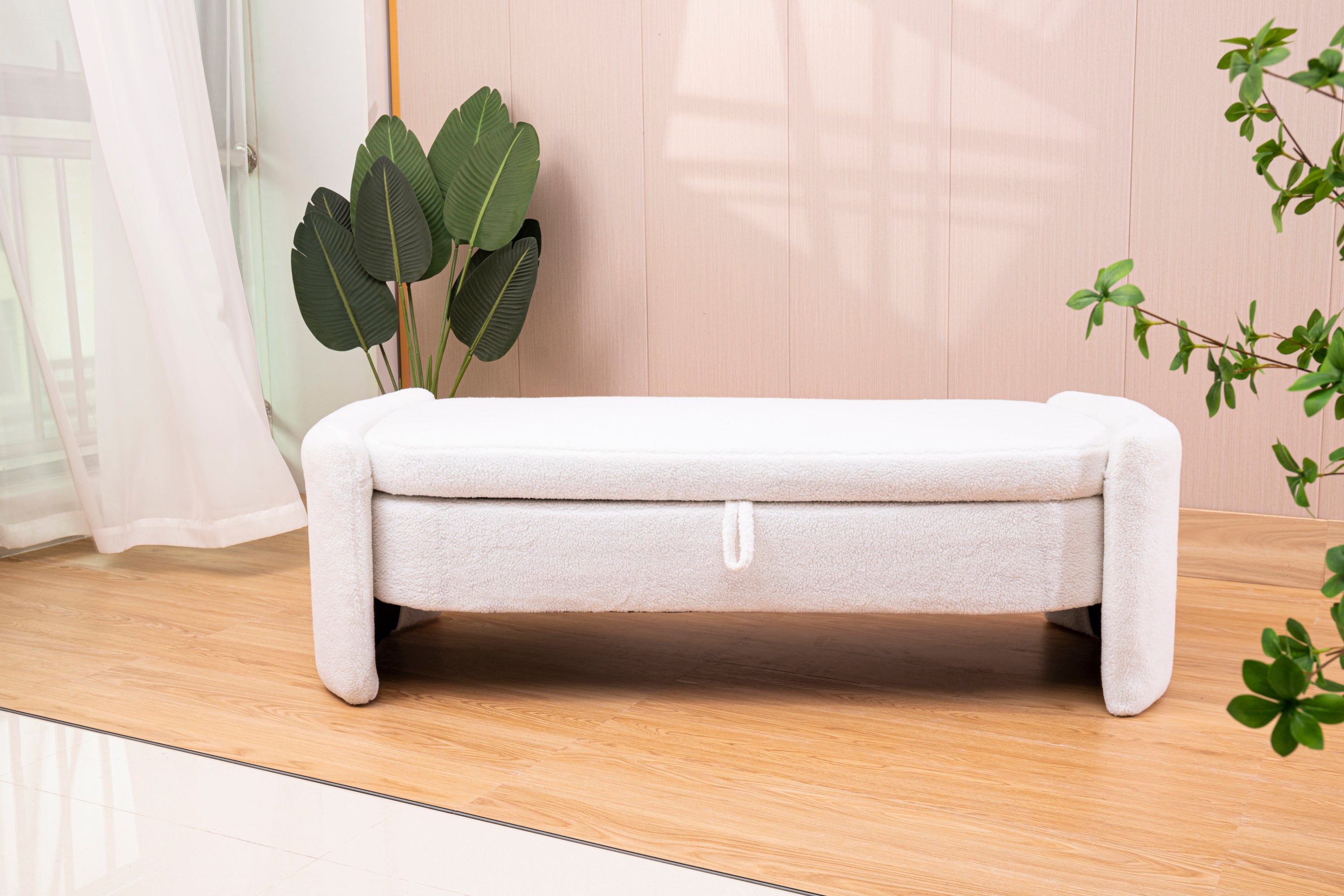Footstool with storage function  beige teddy fabric  suitable for hallway bedroom living room