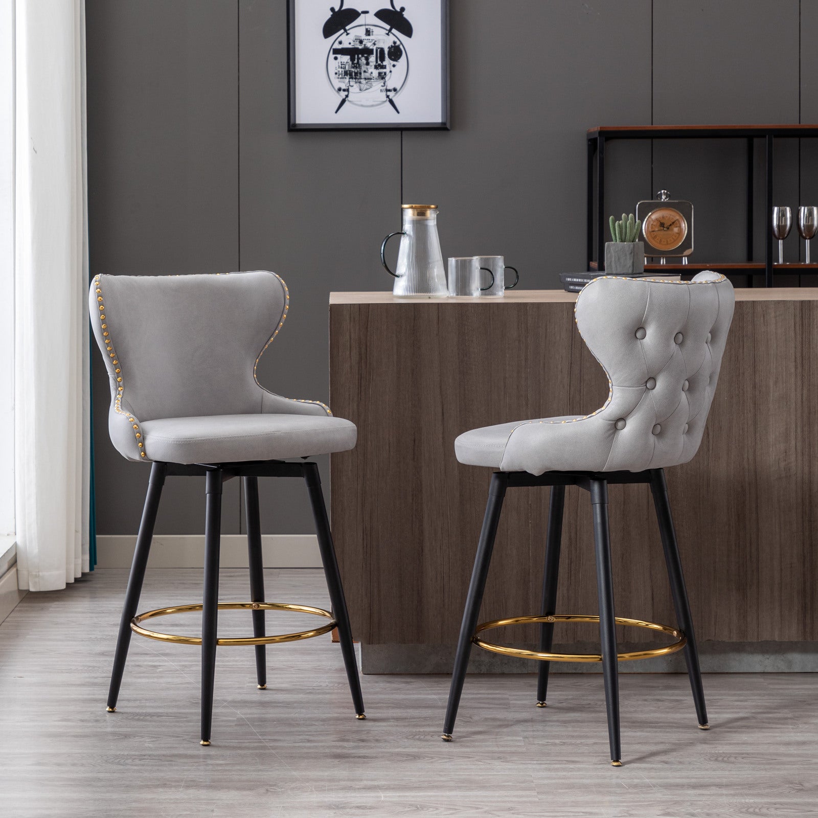 A&A Furniture,Counter Height 25" Modern Leathaire Fabric bar chairs,180° Swivel Bar Stool Chair for Kitchen,Tufted Gold Nailhead Trim Bar Stools with Metal Legs,Set of 2 (Light Gray)