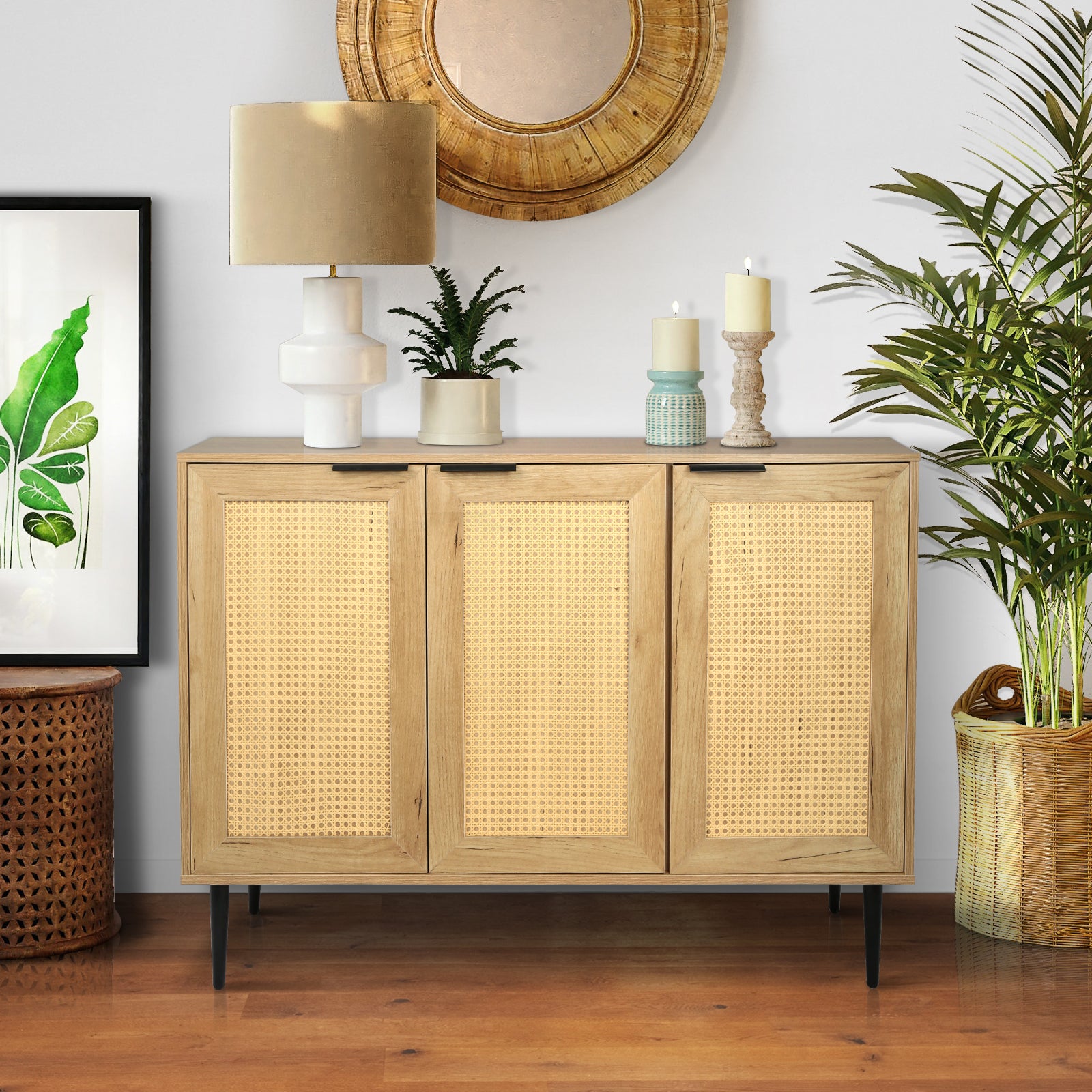 47.24 '' Wide Elegant Kitchen Buffet Storage  Cabinet with 3 Rattan Doors for Bedroom Living Room Kitchen Cupboard Wooden Furniture with 3-Tier Shelving ,Natural Color