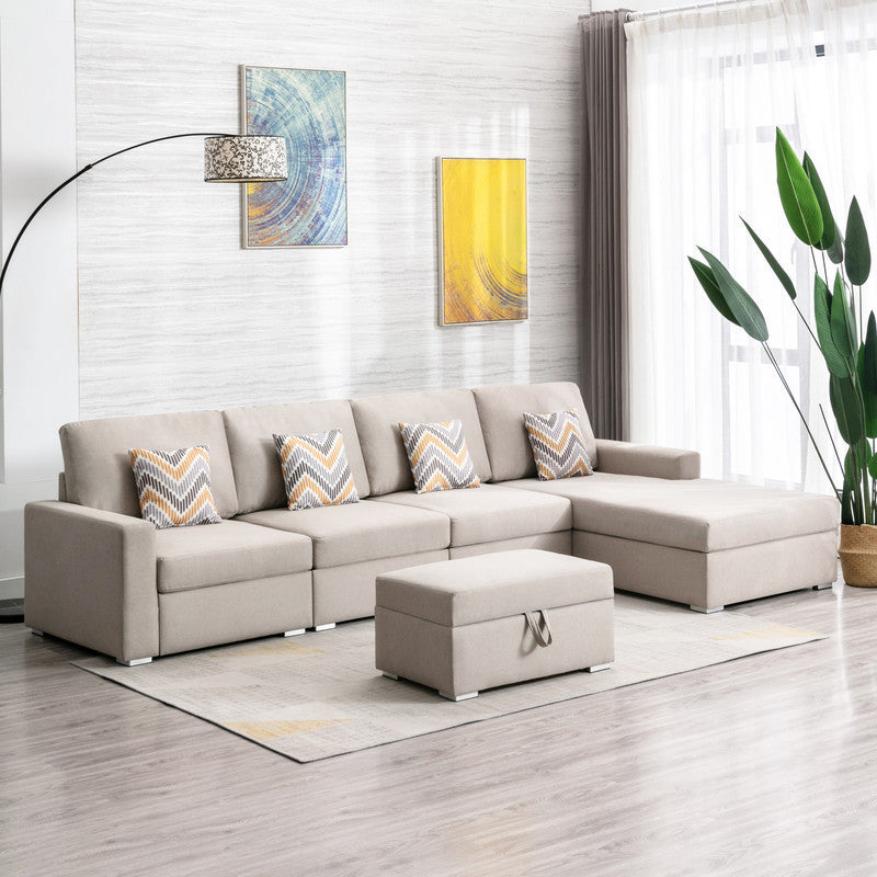 Nolan Beige Linen Fabric 5Pc Reversible Sofa Chaise with Interchangeable Legs, Storage Ottoman, and Pillows